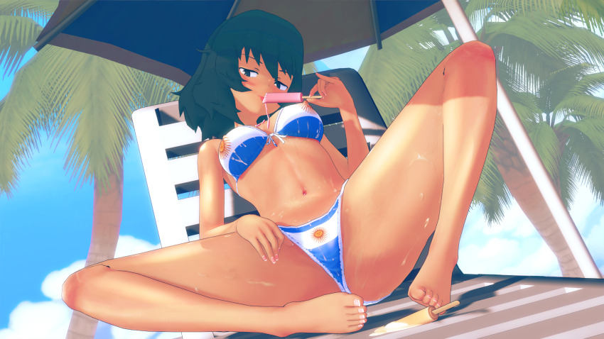 andou (girls und panzer), argentinian flag, beach, bikini, breasts, come hither, feet, female, food, girls und panzer, green eyes, green hair, highres, large breasts, legs, licking, looking at viewer, naughty face, navel, popsicle, seductive gaze, seductive smile, sexually suggestive, short hair, smile, solo, spread legs, sweat, swimsuit, tail, thong bikini, tongue, tongue out
