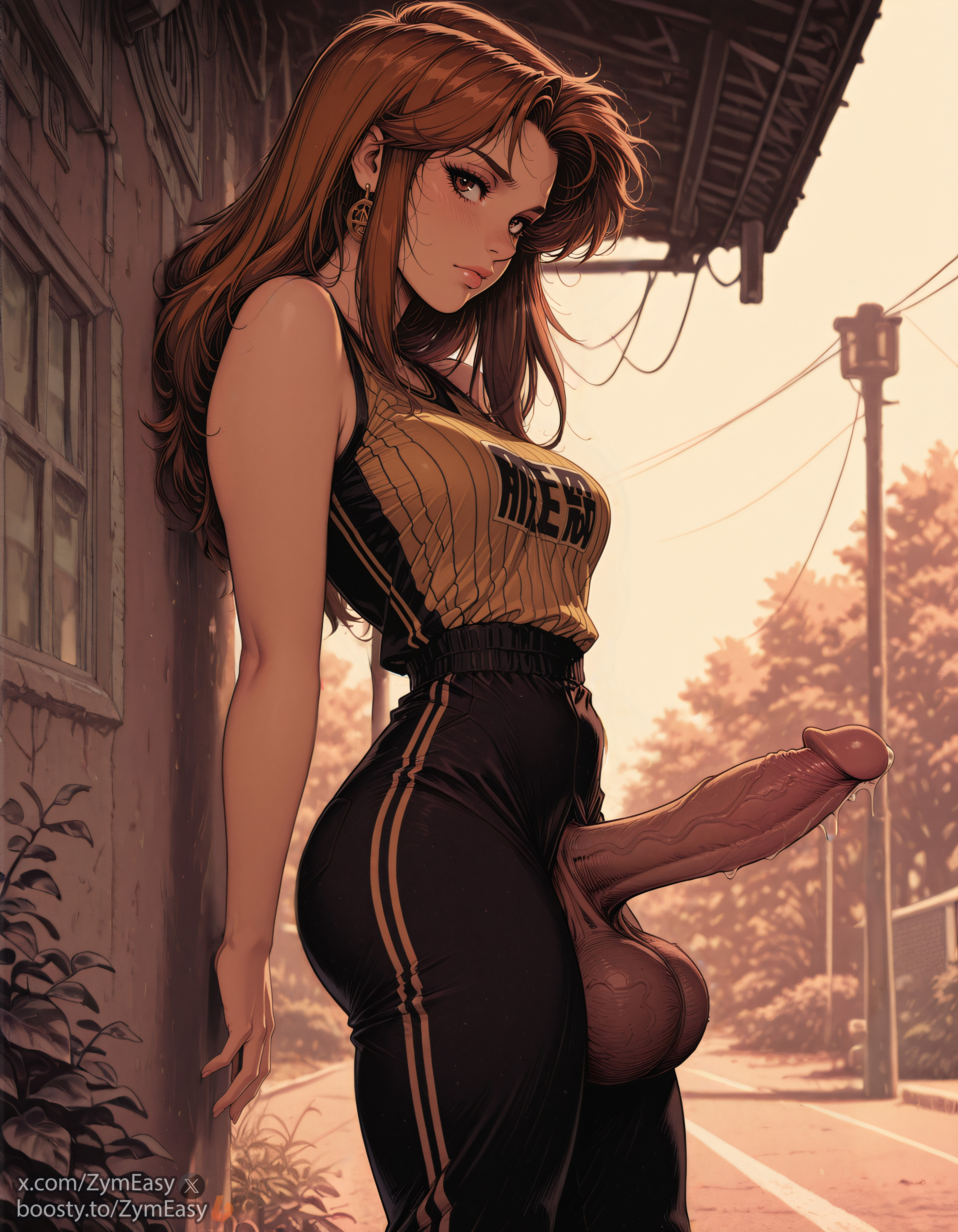 1futa, ai generated, anime style, boosty username, brown eyes, brown hair, futanari, intersex, leggings, self upload, sportswear, stadium, standing, tight pants, twitter username, zymeasy