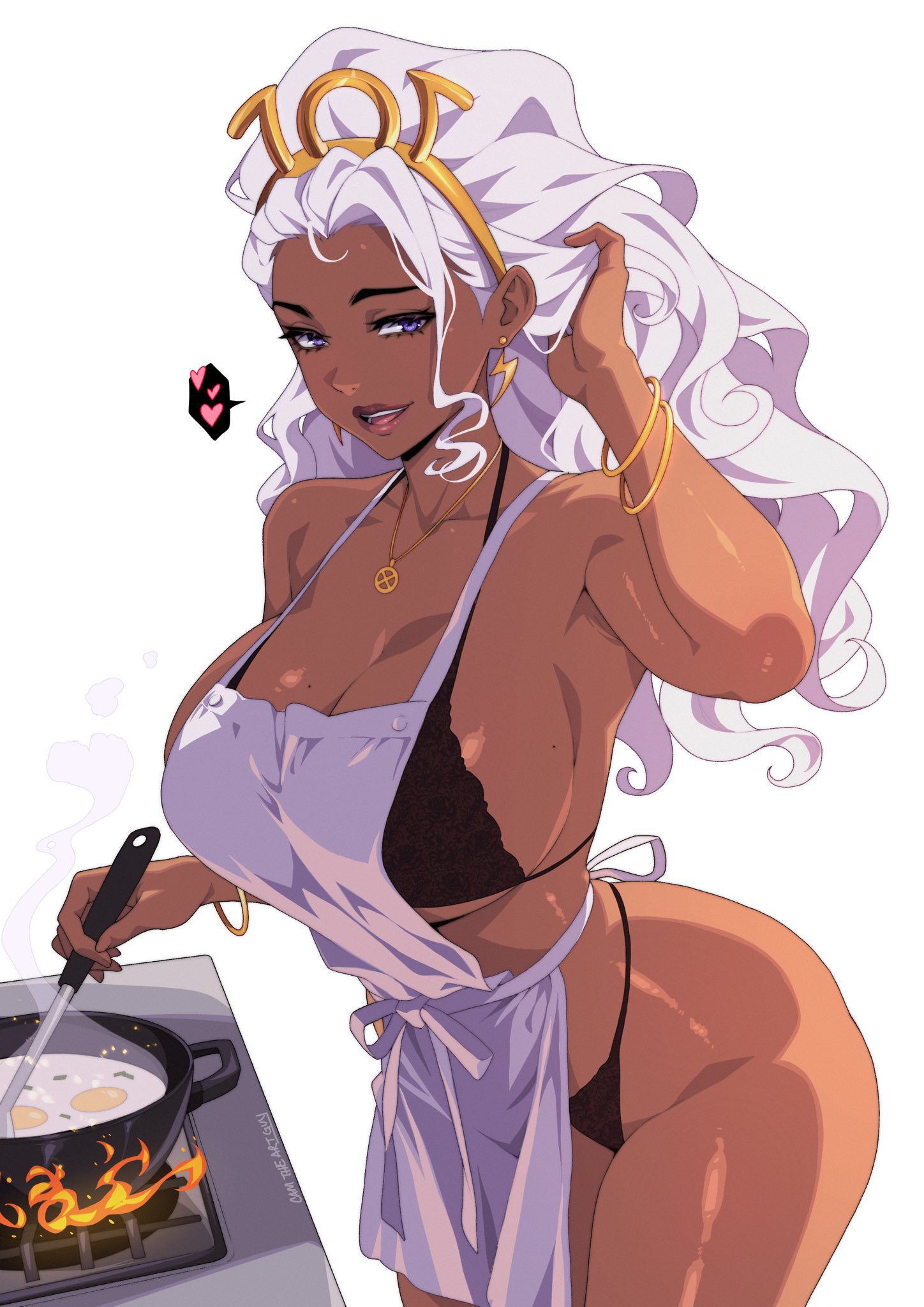 1girls, 2025, apron, ass, big ass, big breasts, breasts, camtheartguy, dark skin, dark-skinned female, female, female only, large breasts, marvel, marvel comics, ororo munroe, storm (x-men), thick thighs, white hair, x-men