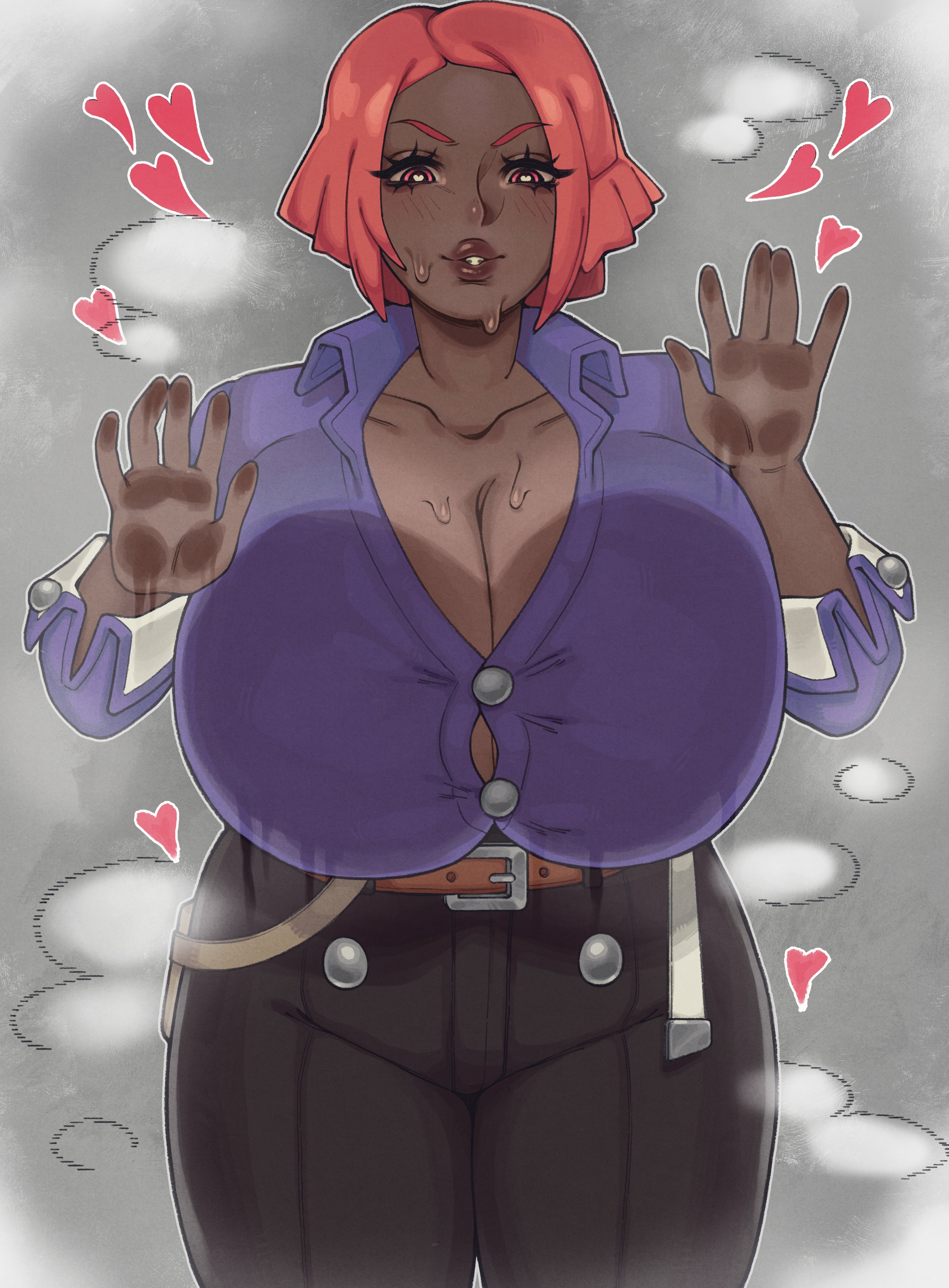 1girls, absurd res, against glass, big breasts, blush, breast press, breasts, breasts against glass, clothing, dark skin, dark-skinned female, female, female only, giovanna (guilty gear), guilty gear, guilty gear strive, heart, heart-shaped pupils, huge breasts, looking at viewer, red eyes, red hair, smiling, smiling at viewer, solo, sweat, thick thighs, thirstformilk
