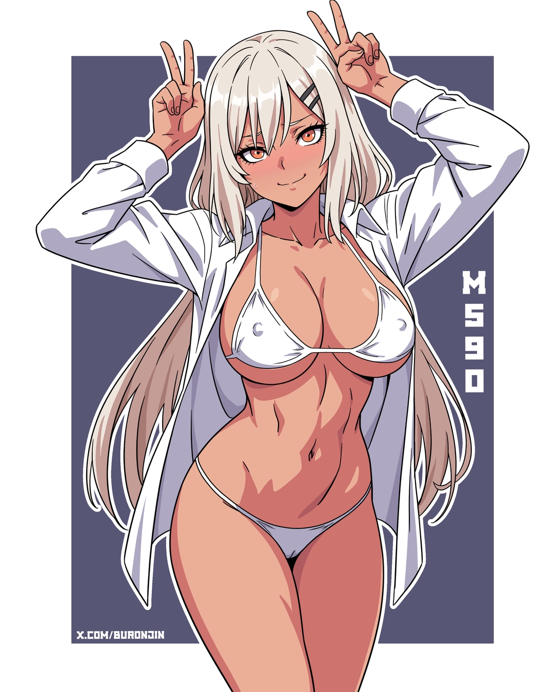 1girls, arms up, big breasts, bikini, bikini bottom, bikini top, blush, breasts, buronjin, cameltoe, covered nipples, dark-skinned female, embarrassed, female, female only, fit female, girls' frontline, grey hair, hourglass figure, human, human female, large breasts, long hair, m590 (girls' frontline), navel, open shirt, orange eyes, pinup, shirt, slim waist, smile, solo, sweat, sweatdrop, text, wide hips
