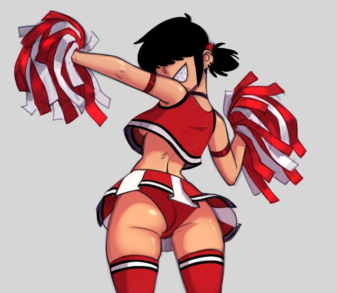 1girls, ass, black hair, braces, cheerleader, choker, female, female only, hair over eyes, happy female, kiki (teelokay), looking back, panties, pleated skirt, red legwear, red panties, red thighhighs, skirt, solo, teelokay (artist), thighhighs, upskirt