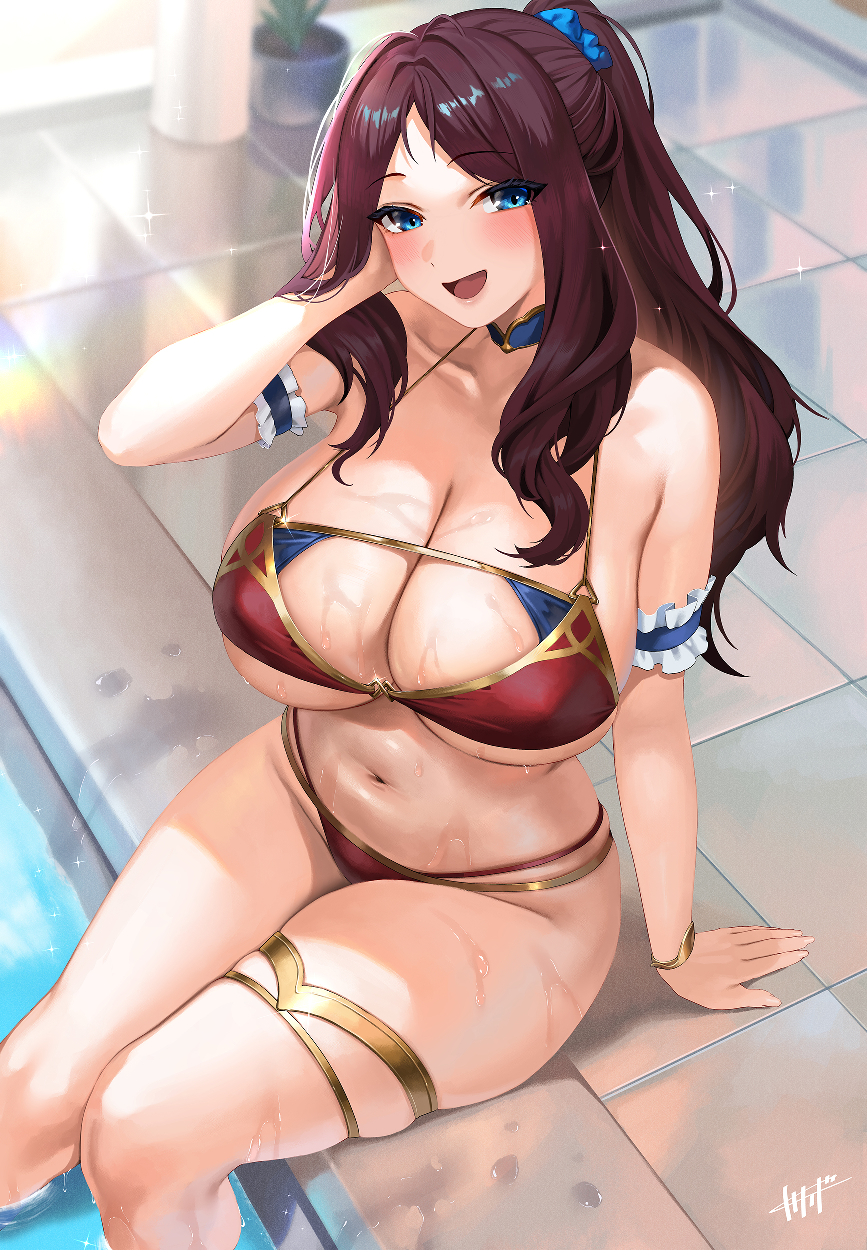 1girls, bare shoulders, bikini, blue eyes, blush, bracelet, breasts, brown hair, choker, cleavage, fate (series), fate/grand order, female, female only, huge breasts, kisaragi tsurugi, large breasts, leonardo da vinci (fate/grand order), light-skinned female, long hair, looking at viewer, navel, ponytail, pool, smile, solo, swimsuit, thick thighs, thighlet