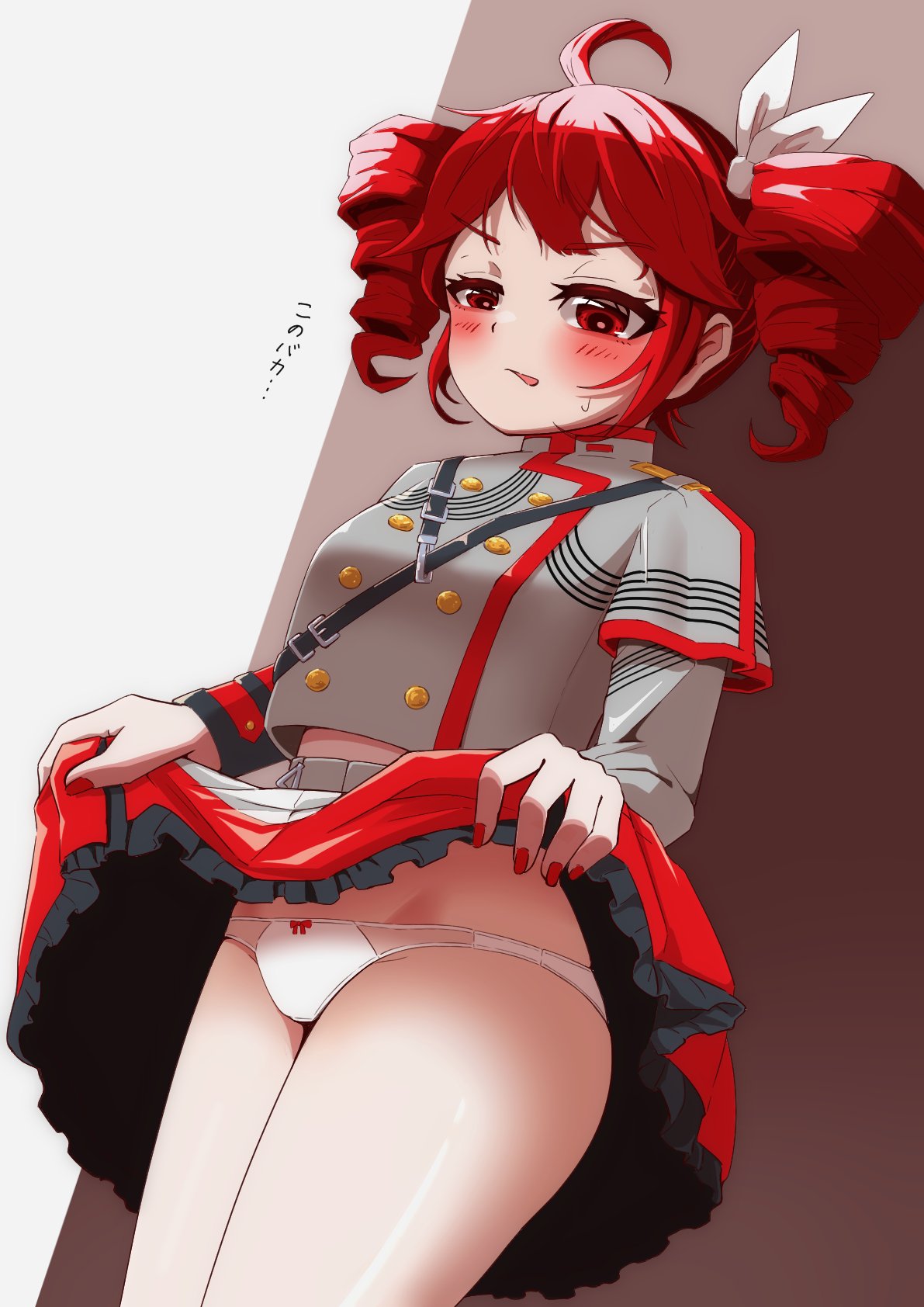 1girls, 2d, 2d (artwork), ahoge, bamboo rindou, big thighs, blush, blushing profusely, bow panties, breasts, clothed, clothed female, clothing, crop top, cropped jacket, curvaceous, curvy, curvy female, curvy figure, embarrassed, embarrassed female, exposed belly, female, female only, flashing, flashing panties, fully clothed, hair ornament, hairbow, huge thighs, japanese text, kasane teto, kasane teto (sv), large thighs, medium breasts, nail polish, painted nails, panties, plump, plump thighs, red eyes, red hair, red nails, shiny skin, skirt, skirt lift, solo, solo female, synthesizer v, text, thick thighs, thighs, twin drills, upskirt, utau, white background, white panties, wide hips