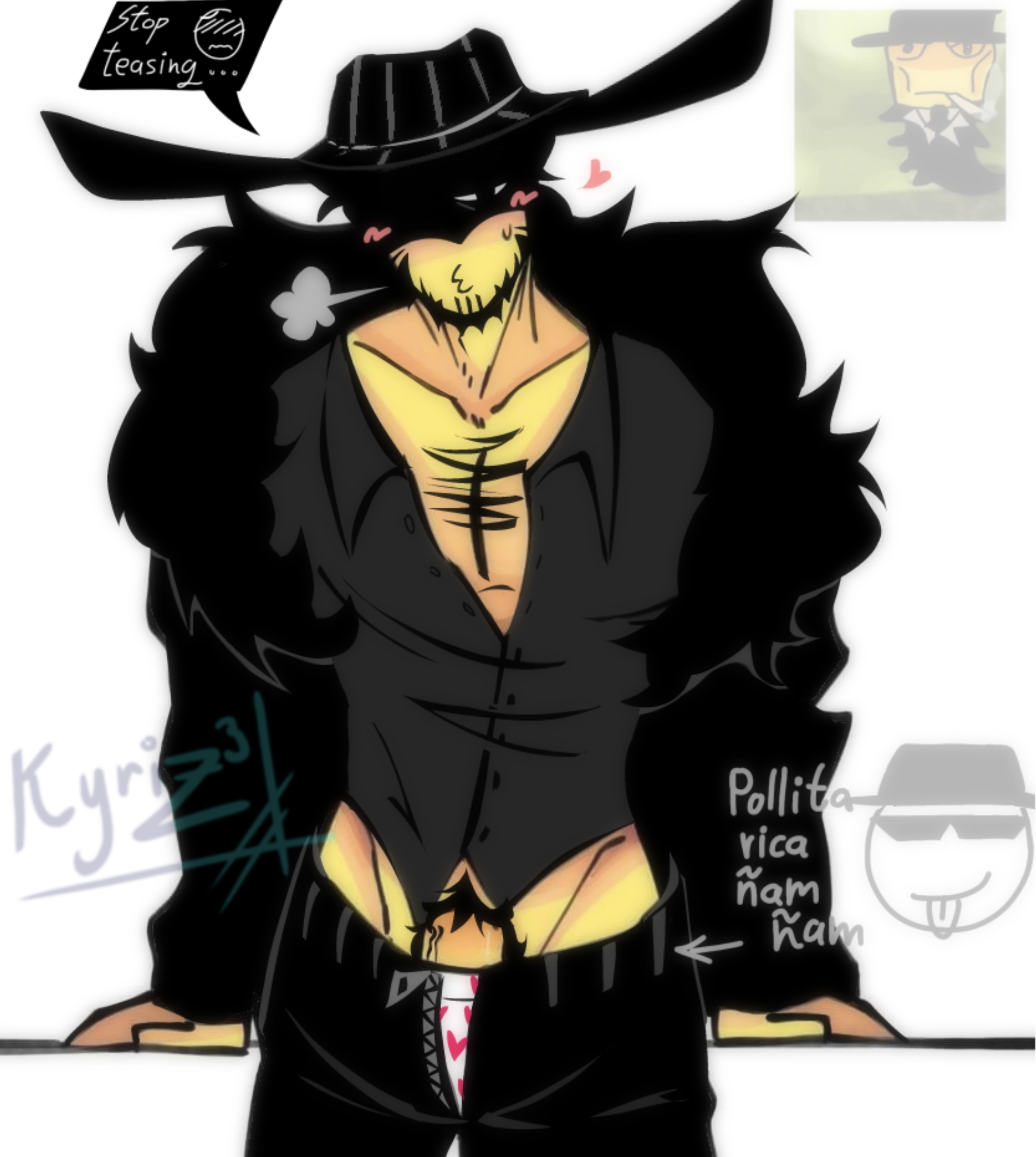 1boy, aroused, black fur, bunny ears, clothed, fedora, forsaken (roblox), kyrizzz, mafioso (forsaken), male only, meme in the background, penis, pubic hair, roblox, roblox game, robloxian, self upload, shy, speech bubble, tagme, veiny penis, watermark