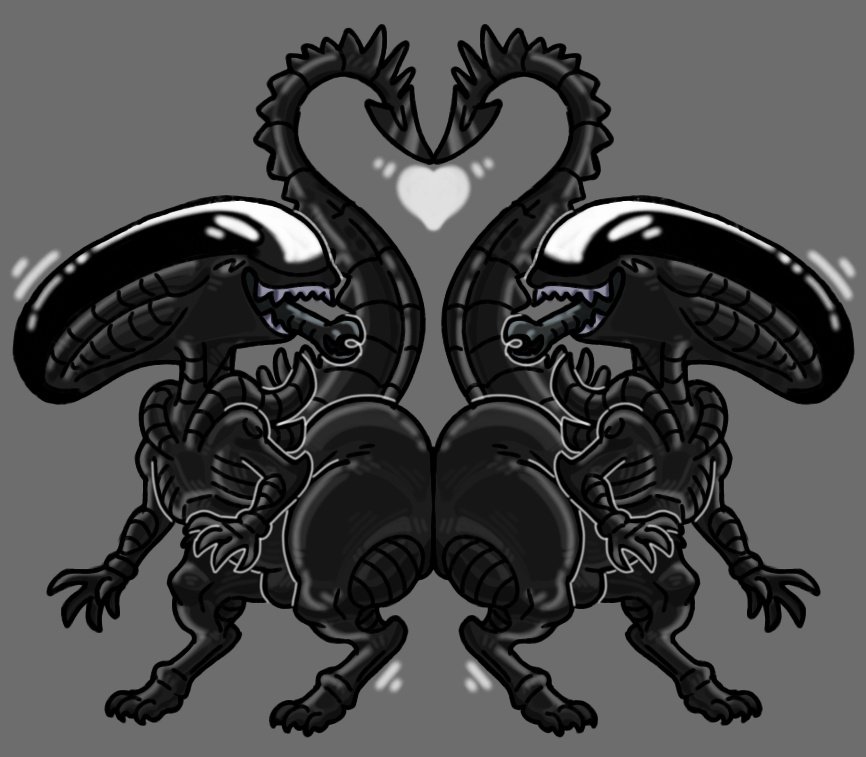 2boys, 2femboys, alien, alien (franchise), ass, ass to ass, big ass, big butt, bubble butt, bulge, curvaceous, curvy, curvy figure, femboy, girly, grey background, heart, huge ass, inner mouth, male, male only, male xenomorph, mirror image, open mouth, tail heart, thick thighs, torururuu, voluptuous, voluptuous male, wide hips, xenomorph, xenomorph tail