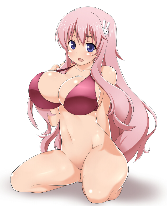 aoinagi baka_to_test_to_shoukanjuu bikini_top blue_eyes bottomless breasts cleavage himeji_mizuki huge_breasts kneeling legs long_hair pink_hair sideboob swimsuit thighs white_background