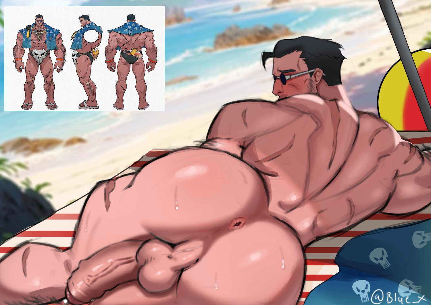 1boy, anus, ass, ass focus, back, back view, backsack, backshaft, balls, bara, beach, beard stubble, big ass, big ass (male), big butt, black hair, blue 9647, blush, blushing, bubble ass, bubble butt, dilf, facial hair, fat ass, fat butt, gay, huge ass, huge butt, human, large ass, large butt, light skin, light-skinned male, looking back, male, male only, marvel, marvel comics, marvel rivals, mature, mature male, muscular, muscular back, muscular male, nude, nude beach, nude male, nudist beach, outdoor nudity, outdoors, outside, penis, presenting, presenting anus, punisher (aqua arsenal), punisher (francis castle), punisher (marvel comics), punisher (marvel rivals), round ass, round butt, showing ass, solo, sunglasses, sunglasses only, sweat, sweatdrop, sweating, sweaty, thick ass, thick butt, yaoi