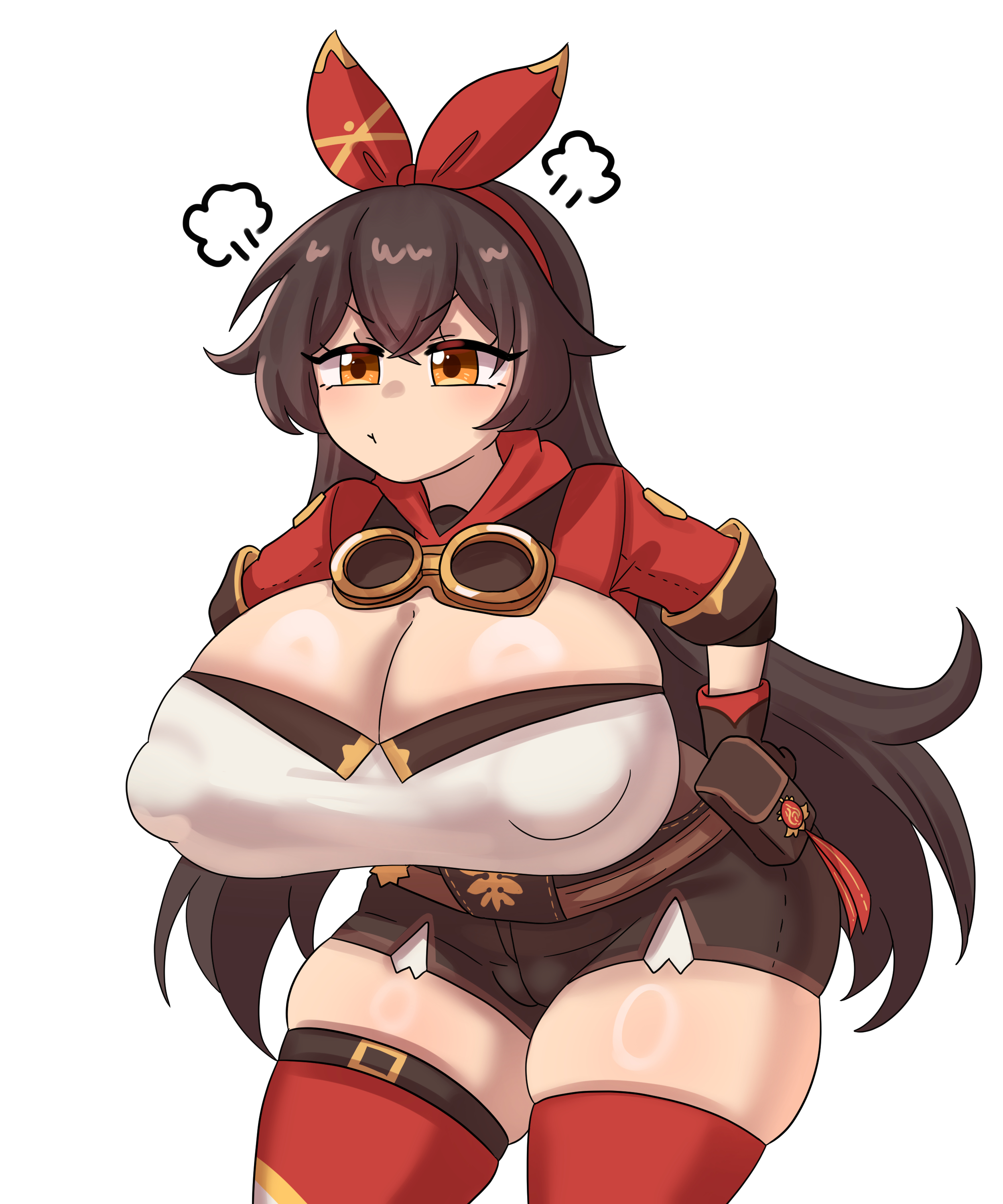 1girls, amber (genshin impact), bow, breasts, brown hair, brown shorts, cleavage, covered nipples, female, female only, genshin impact, gloves, huge breasts, joeneko26, large breasts, light-skinned female, long hair, orange eyes, red bow, red thighhighs, shorts, simple background, solo, solo female, solo focus, thick thighs, thighhighs, thighs, white background