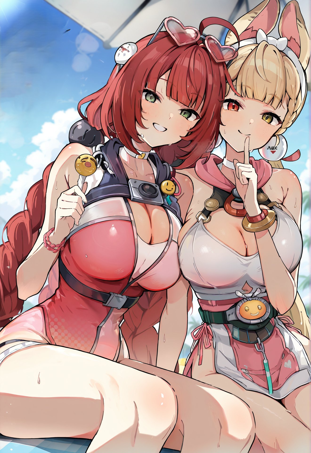 2girls, ahoge, ai generated, alice thymefield, alice thymefield (sea of thyme), animal ears, animal humanoid, bangs, bare shoulders, big breasts, blonde hair, blush, braid, breasts, cleavage, female, green eyes, grin, huge breasts, jeje box, long hair, looking at viewer, monster girl, multiple females, multiple girls, my lady, official alternate costume, pink dress, rabbit girl, red eyes, red hair, short hair, sitting, smile, swimsuit, ukinami yuzuha, ukinami yuzuha (tanuki in broad daylight), video game character, yellow eyes, zenless zone zero