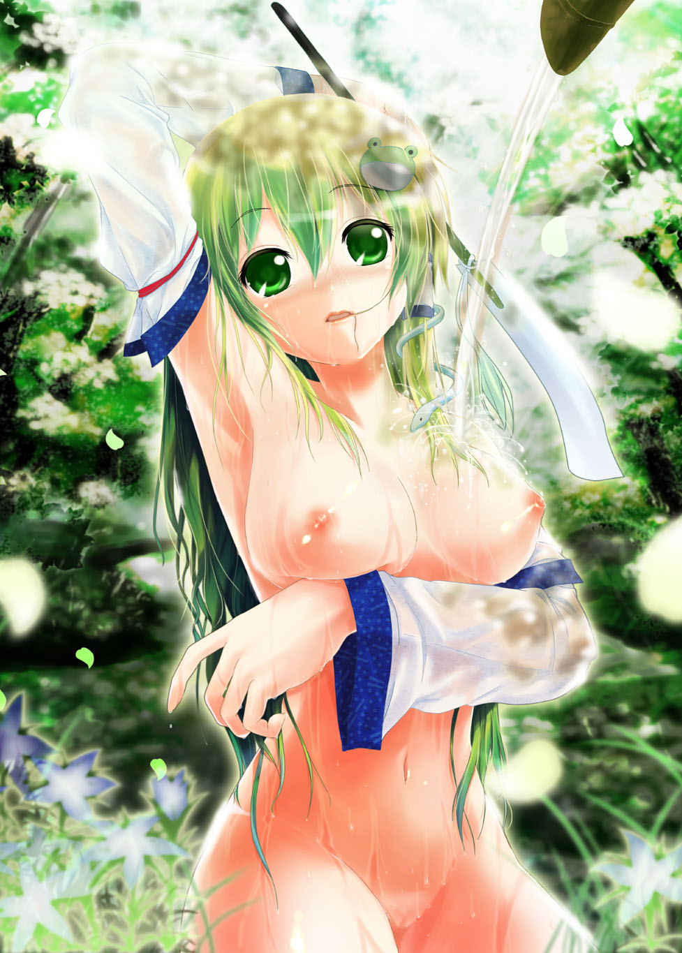 breasts detached_sleeves frog green_eyes green_hair hair_in_mouth hair_ornament hands highres long_hair mouth_hold nipples nude pooru porurin_(do-desho) pussy sanae_kochiya snake touhou uncensored water wet