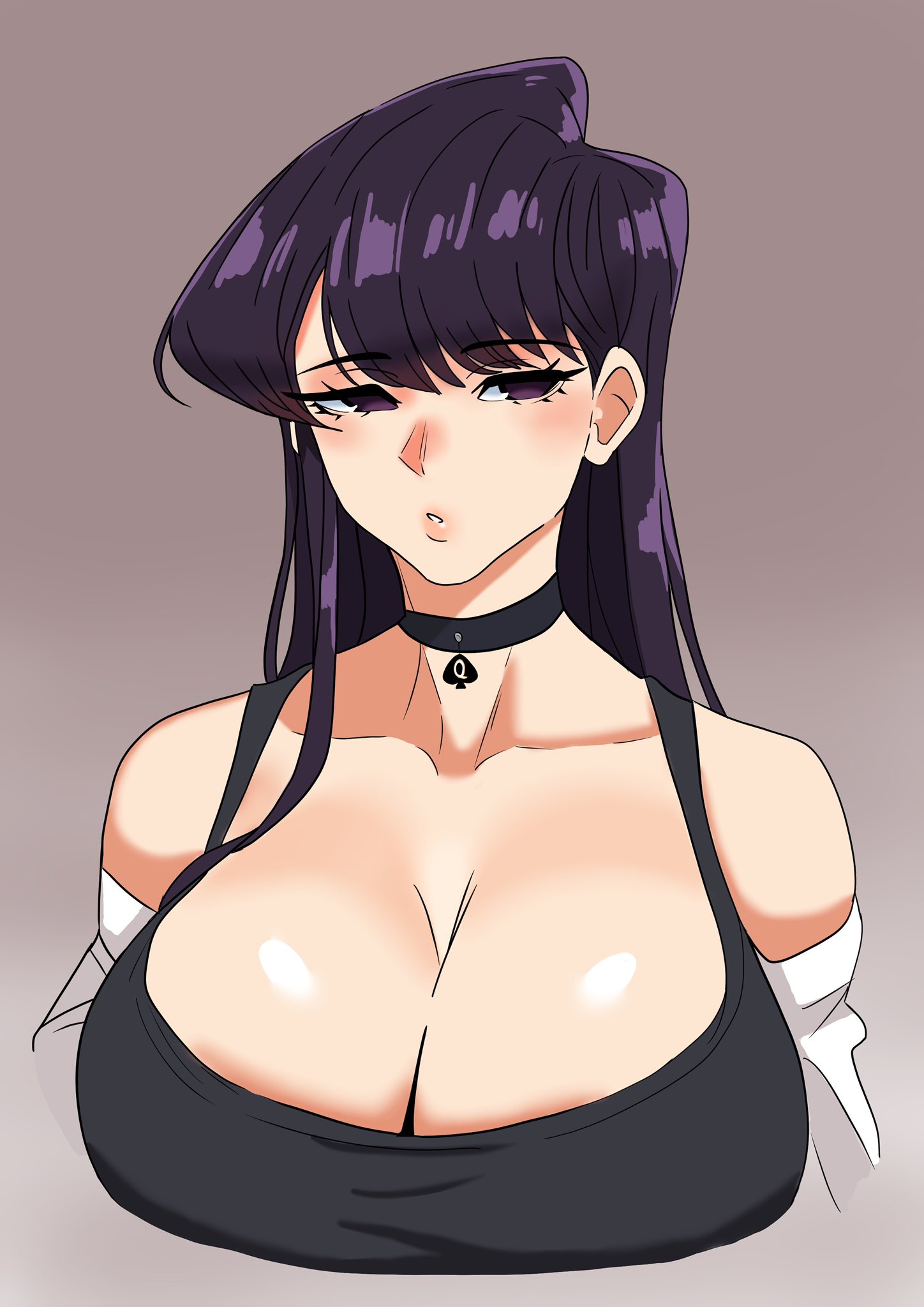 1girls, ari (ariblade0), black bra, bra, breasts, choker, cleavage, female, female only, first porn of artist, huge breasts, komi shouko, komi-san wa komyushou desu, light skin, light-skinned female, no sex, purple eyes, purple hair, queen of spades, solo, spade choker