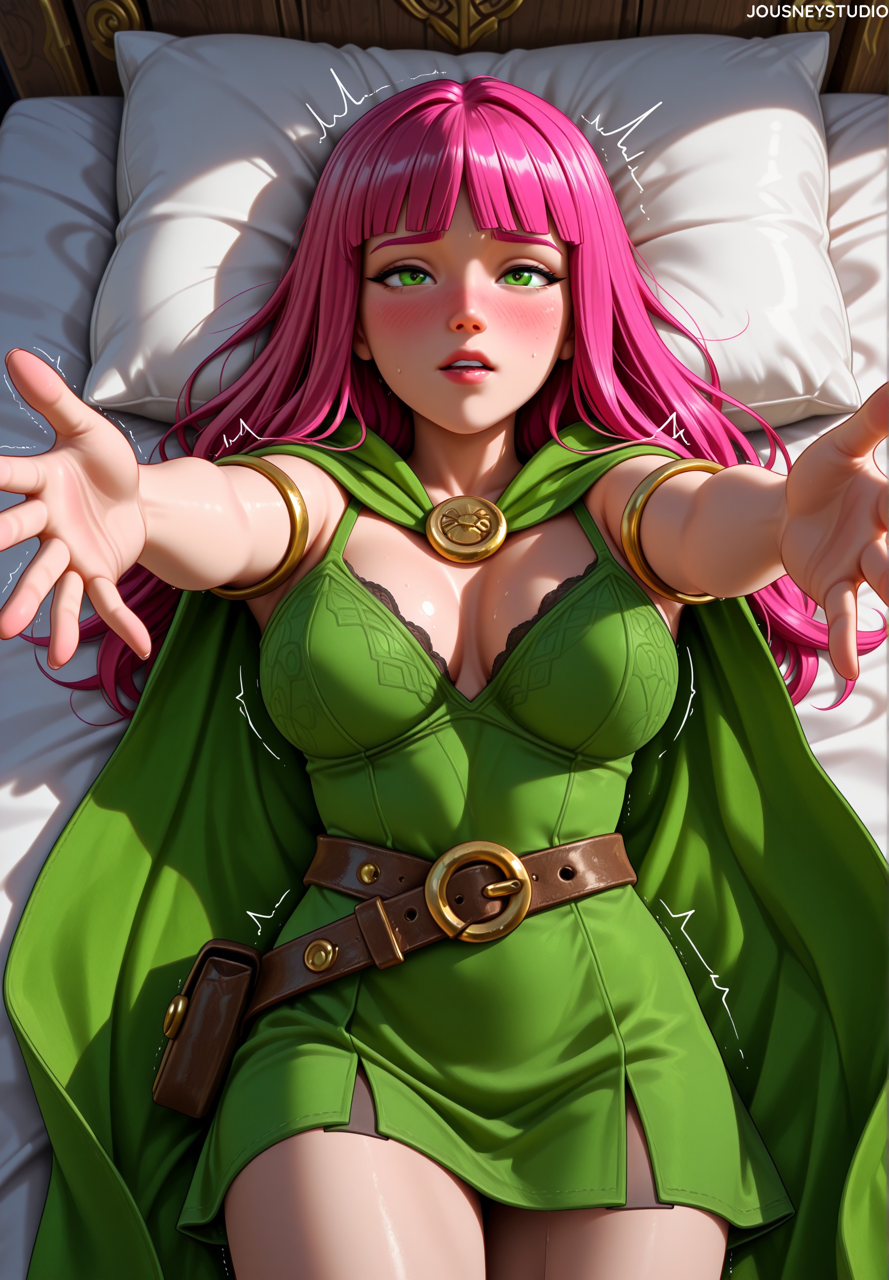 ai generated, archer (clash of clans), archer (clash royale), armlet, bed, bed sheet, belt, belt pouch, blunt bangs, blush, breasts, brown belt, cape, clash (series), clash of clans, clash royale, cleavage, clothing, dress, female, from above, green cape, green cloak, green dress, green eyes, incoming hug, jousneystudio, large breasts, lips, long hair, looking at viewer, lying, on back, on bed, outstretched arms, parted lips, patreon, pillow, pink hair, reaching, reaching towards viewer, short dress, solo, supercell, teeth, thighs, trembling