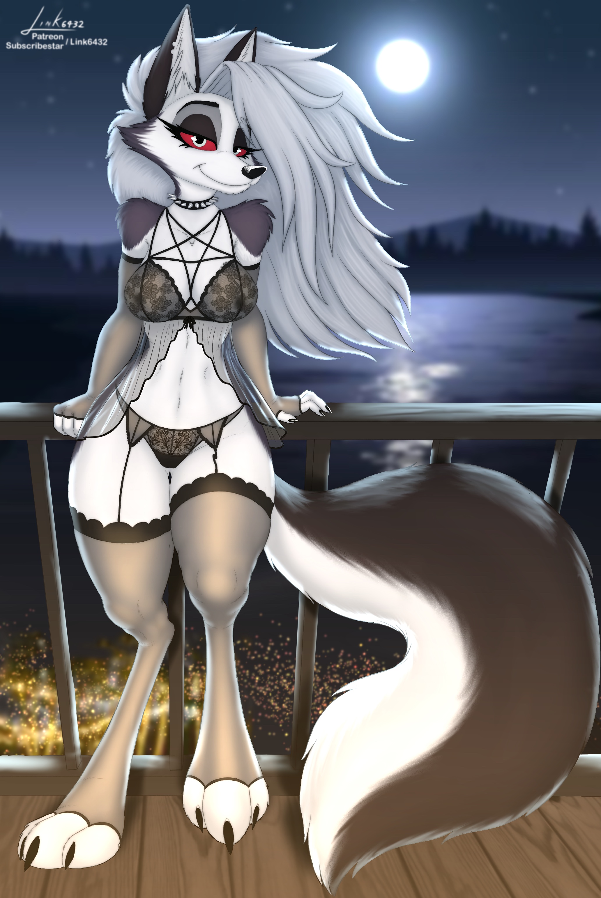 3 toes, absurd res, anthro, big breasts, biped, bottomwear, bra, breasts, camel toe, canid, canid demon, canine, canis, claws, clothed, clothing, collar, demon, digital media (artwork), digitigrade, feet, female, female anthro, finger claws, fur, hellhound, helluva boss, hi res, hindpaw, legwear, light, lingerie, link6432, looking at viewer, loona (helluva boss), mammal, moon, moonlight, mythological canine, mythological creature, mythology, night, nipples, outside, panties, paws, piercing, red sclera, simple background, sky, smile, solo, stockings, tail, toe claws, toes, topwear, translucent, translucent clothing, underwear, white body, white fur, wolf