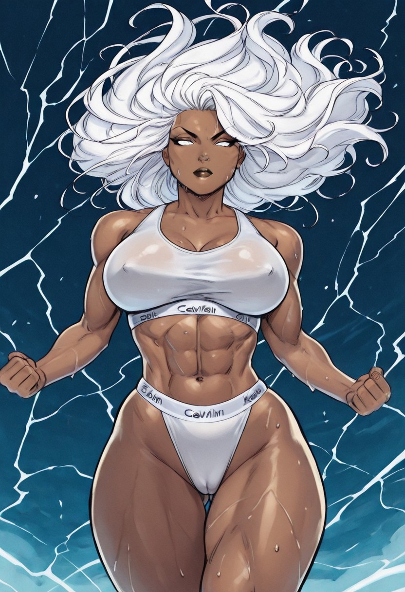 1girls, abs, ai generated, bra, breasts, calvin klein, cameltoe, civitai, confident, dark-skinned female, electricity, erect nipples under clothes, female, female only, flying, jakespicer34, large breasts, lightning, marvel, marvel comics, muscular, muscular female, ororo munroe, panties, solo, sports bra, storm (x-men), white eyes, white hair, white panties, x-men