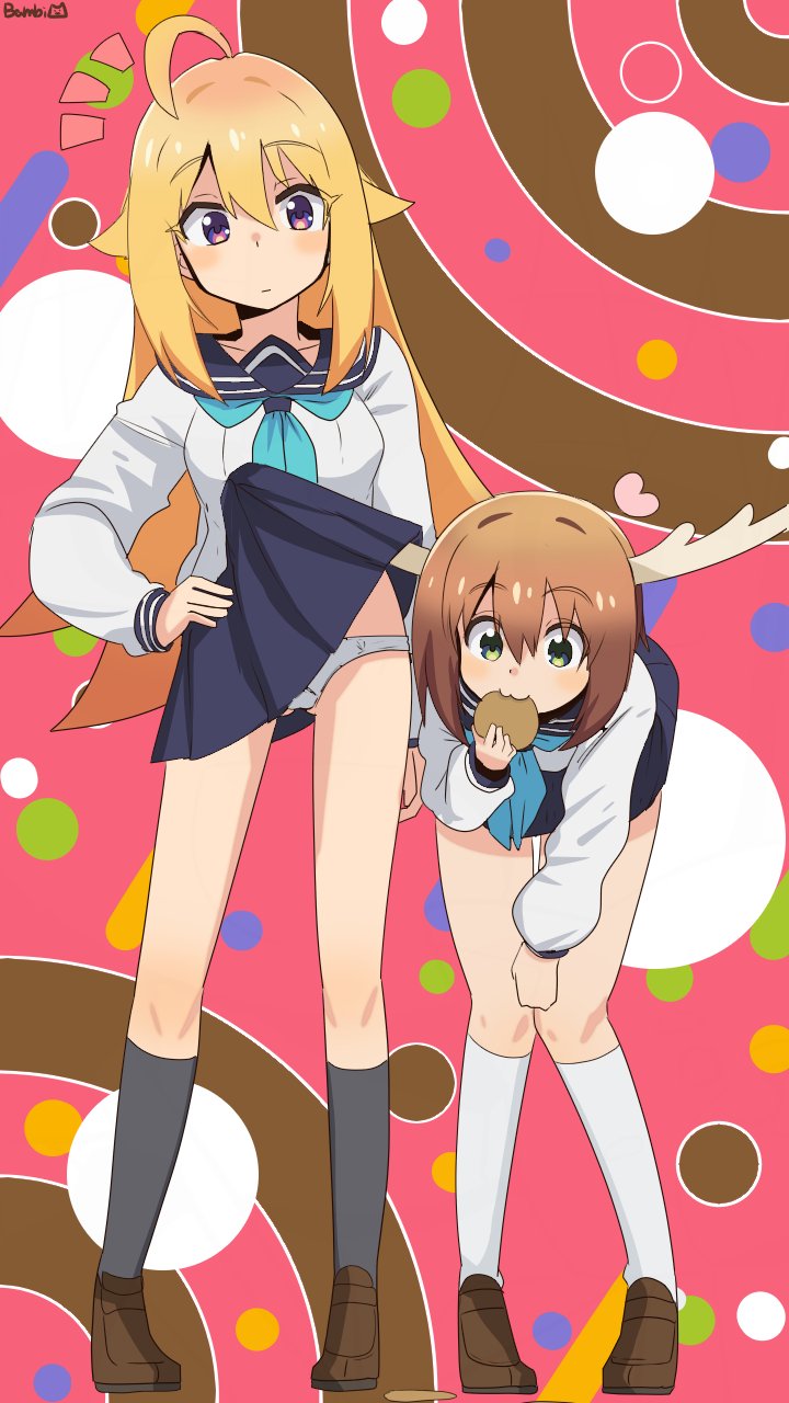 2girls, accidental exposure, antlers, artist request, assisted exposure, blonde hair, brown hair, embarrassed underwear female, euf, female, koshi torako, panties, serafuku, shikanoko noko, shikanoko nokonoko koshitantan, skirt lift, upskirt, visible underwear, wardrobe malfunction