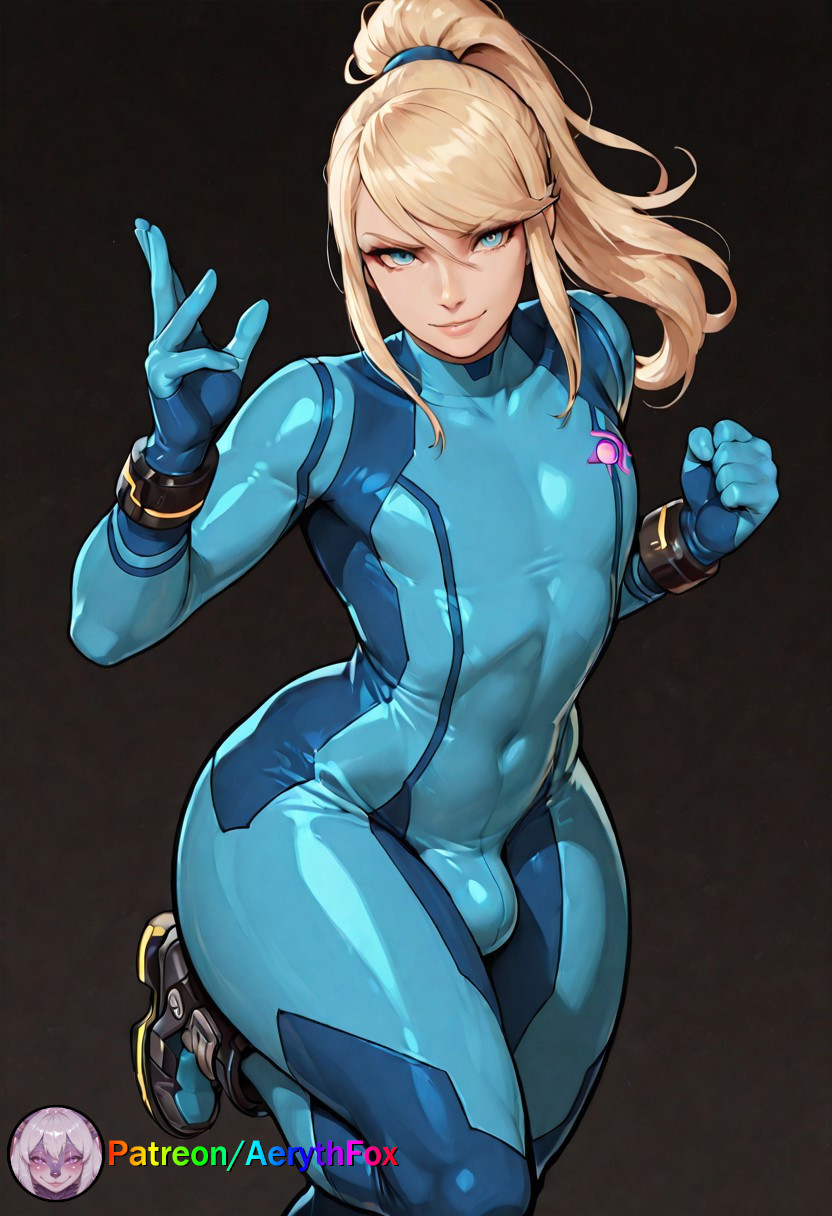 1boy, aerythfox, ai, ai art, ai generated, blonde hair, bulge, bulge through clothing, femboy, male, male samus, metroid, nintendo, otoko no ko, otokonoko, patreon, patreon username, samus aran, suit, tagme, wide hips