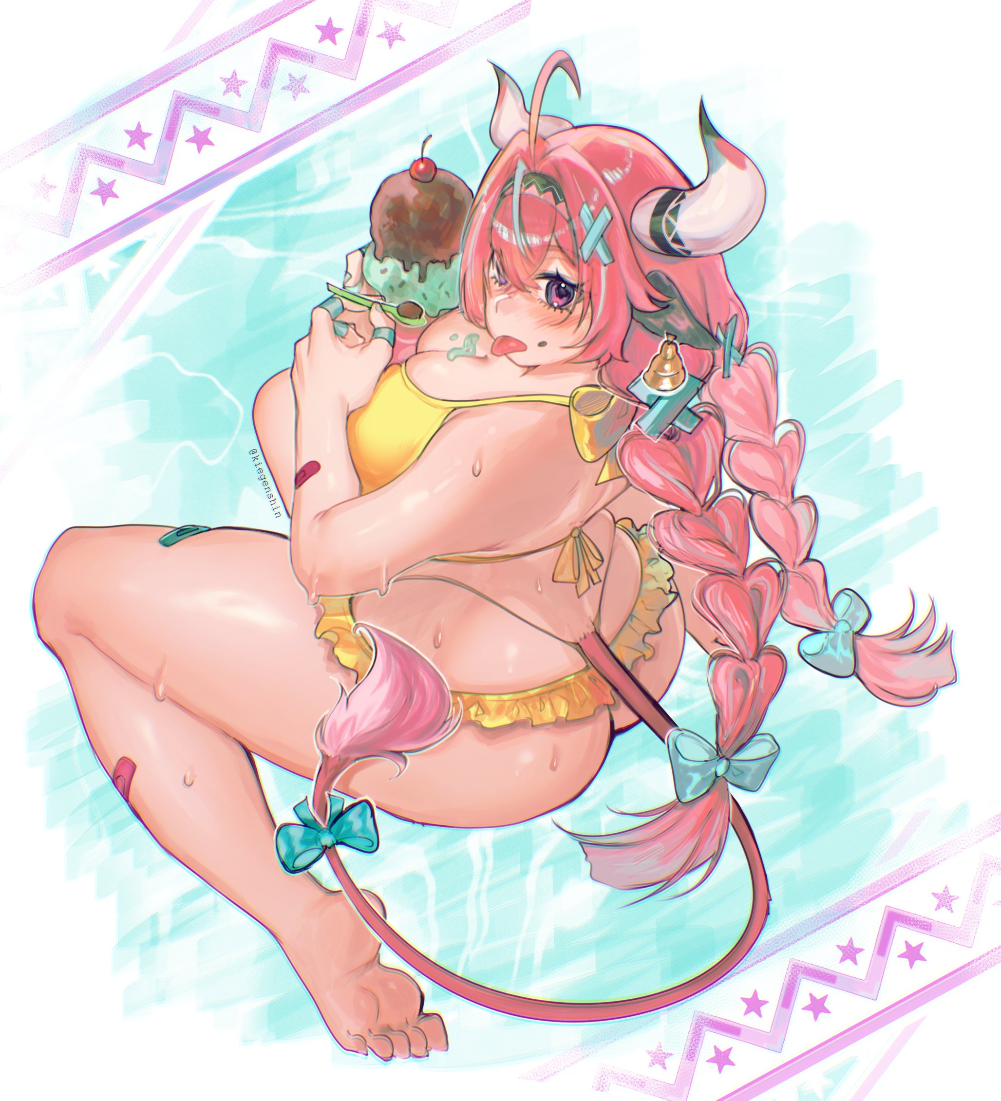 ass, big ass, breasts, eating, female, genshin impact, horns, pink hair, purple eyes, summer, swimsuit, swimwear, thighs, varesa (genshin impact)