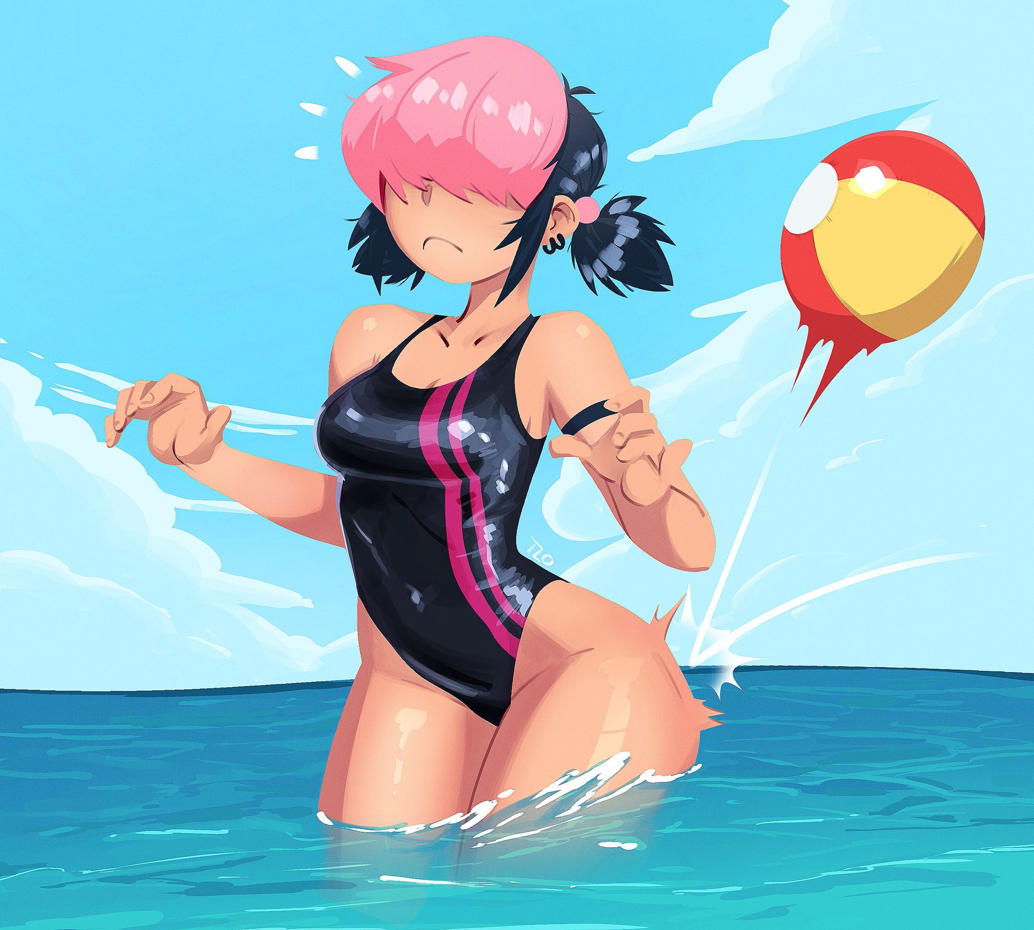 1girls, beach, beach ball, black hair, cleavage, color, ear piercing, female, female only, hair over eyes, kiki (teelokay), one-piece swimsuit, pink hair, solo, summer, swimsuit, teelokay (artist), two-tone hair