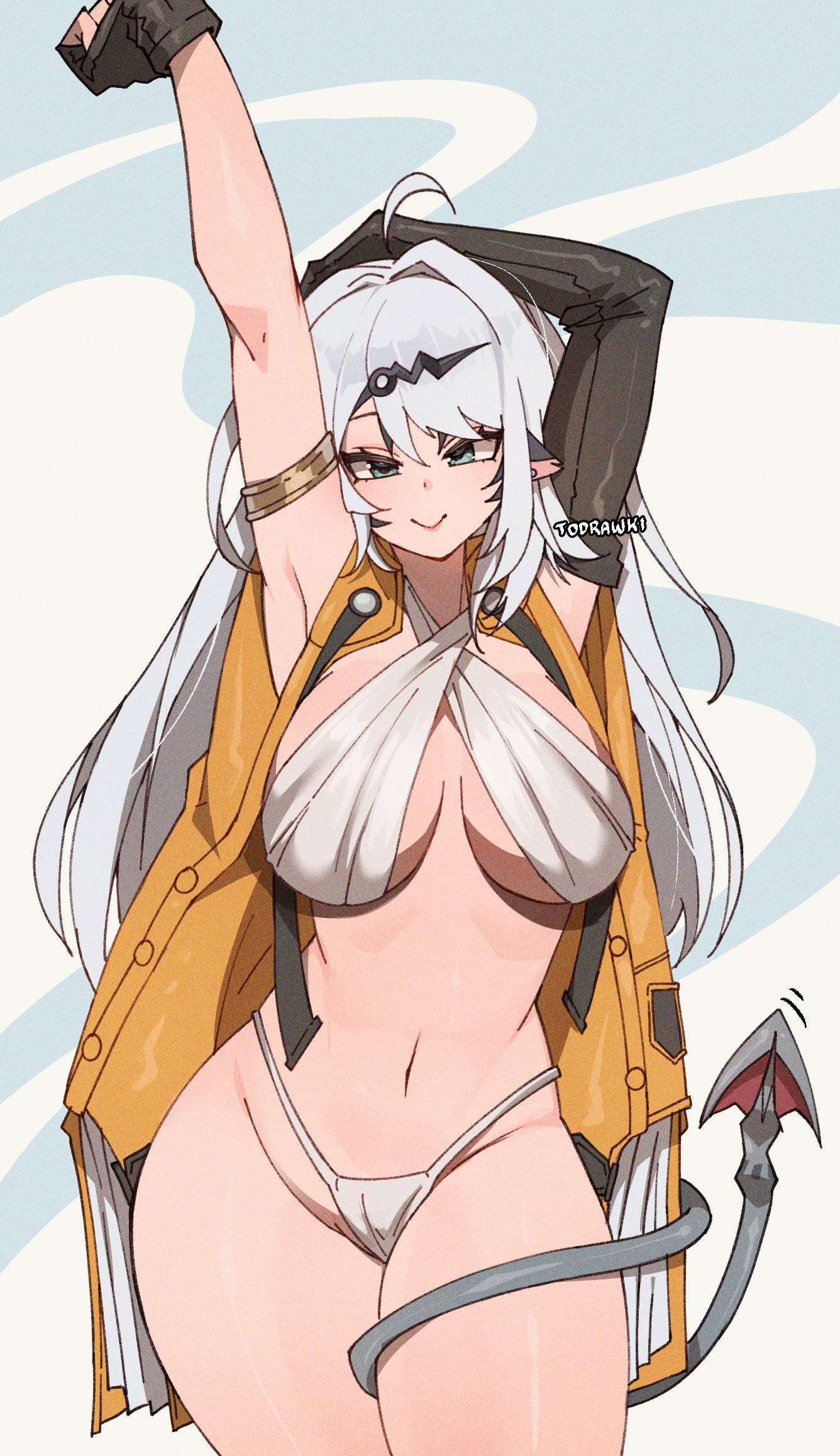 coat on shoulders, female, female only, hands up, jane doe (zenless zone zero), looking at viewer, rat ears, rat girl, rat tail, smiling, stretching, swimsuit, tagme, todrawki, white hair, yixuan (zenless zone zero), zenless zone zero