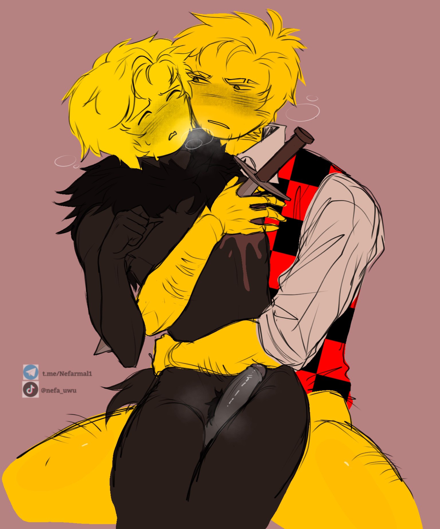 2boys, ambiguous penetration, arms around partner, balls, black body, blood stain, blush, blush lines, blushing, bottomless, breath cloud, cute, devesto, die of death (roblox), eyes closed, flustered, fur, gay, gay sex, half-dressed, heavy breathing, holding partner, male, male only, male penetrating male, male/male, mequot, nefarmal, nude, on lap, penetration, penis, pleasure face, pubic hair, roblox, roblox game, robloxian, self upload, sitting on lap, tagme, yellow body, yellow hair