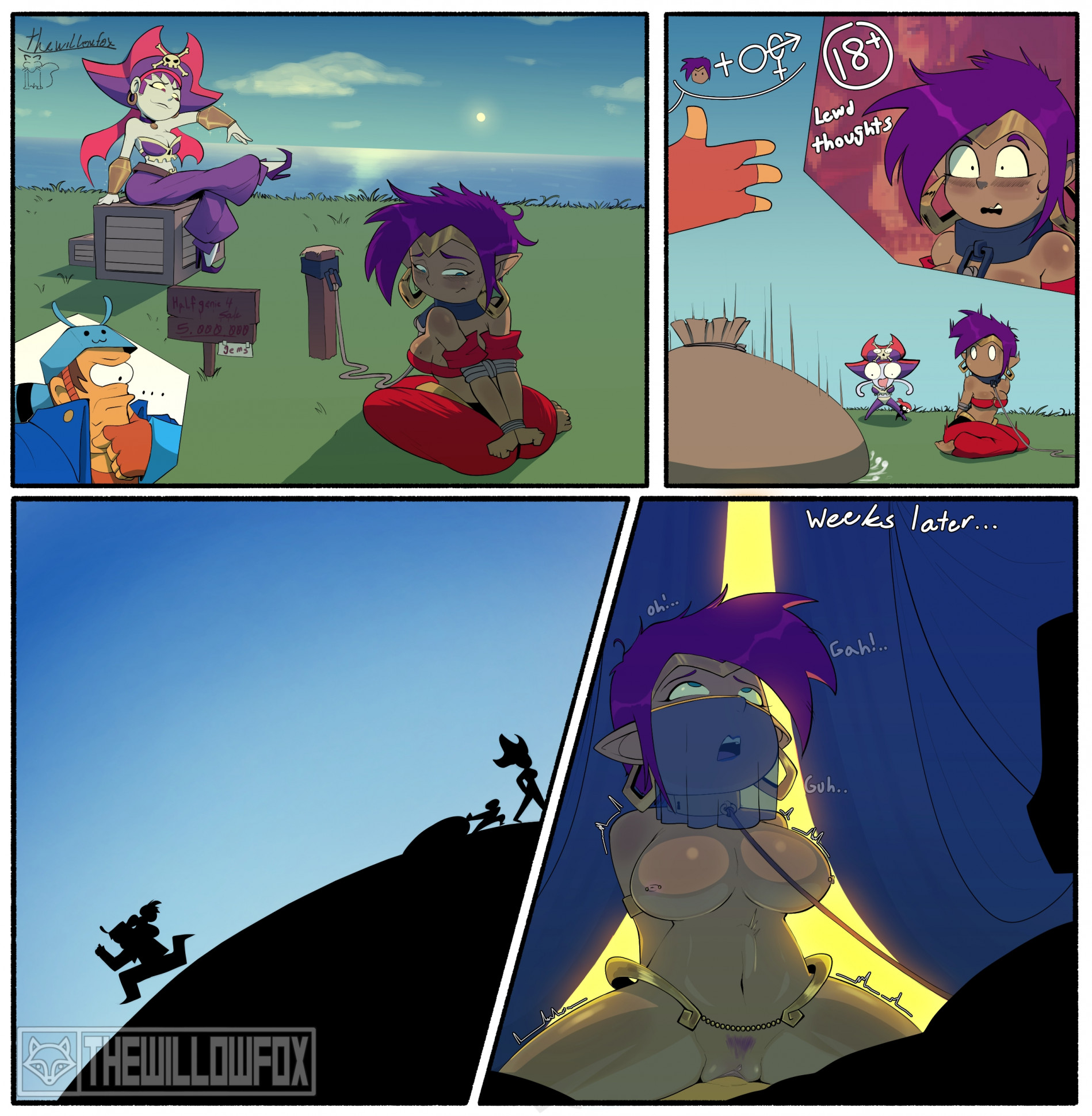 1girls, 2d, ammo baron, ass, captured heroine, comic, cut off hair, dark skin, dark-skinned female, defeat, defeated, defeated heroine, disarmed, enslaved, female, female focus, femsub, front view, genie, genie girl, gift art, male, naked, naked female, nude, nude female, penis, ponytail, purple hair, pussy, quiver, rape, removed clothing, restrained, risky boots, sex, sex slave, shaking, shantae, shantae (character), short hair, slave, slave auction, slave market, sold to slavery, thewillowfox12, twitching