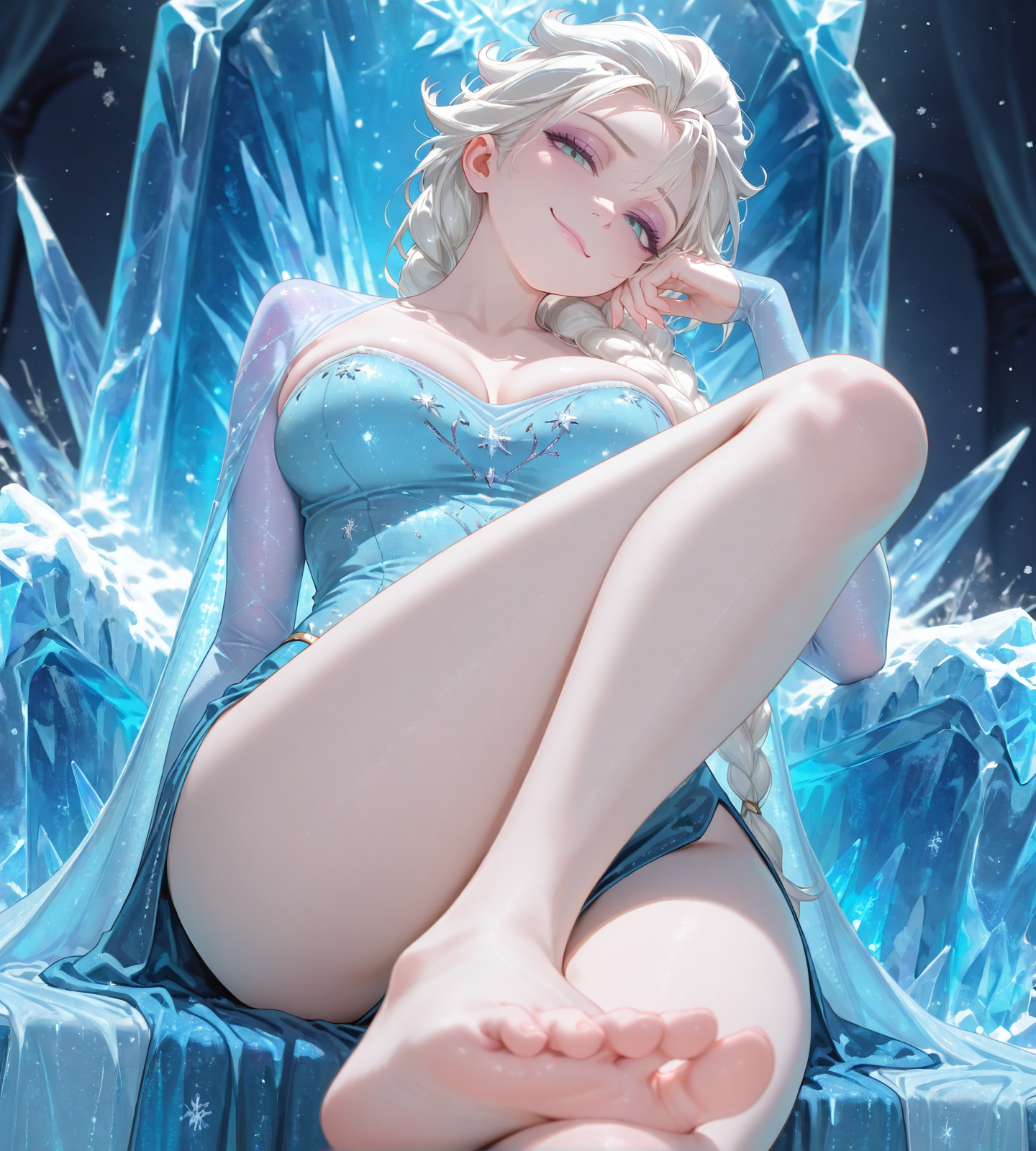 ai generated, barefoot, blue eyes, braided hair, breasts, clothed, clothing, dress, elsa (frozen), female, female focus, female only, foot fetish, frozen (film), head rest, highres, large breasts, looking at viewer, ngks, seductive, sitting, small breasts, smirking, thighs, white hair