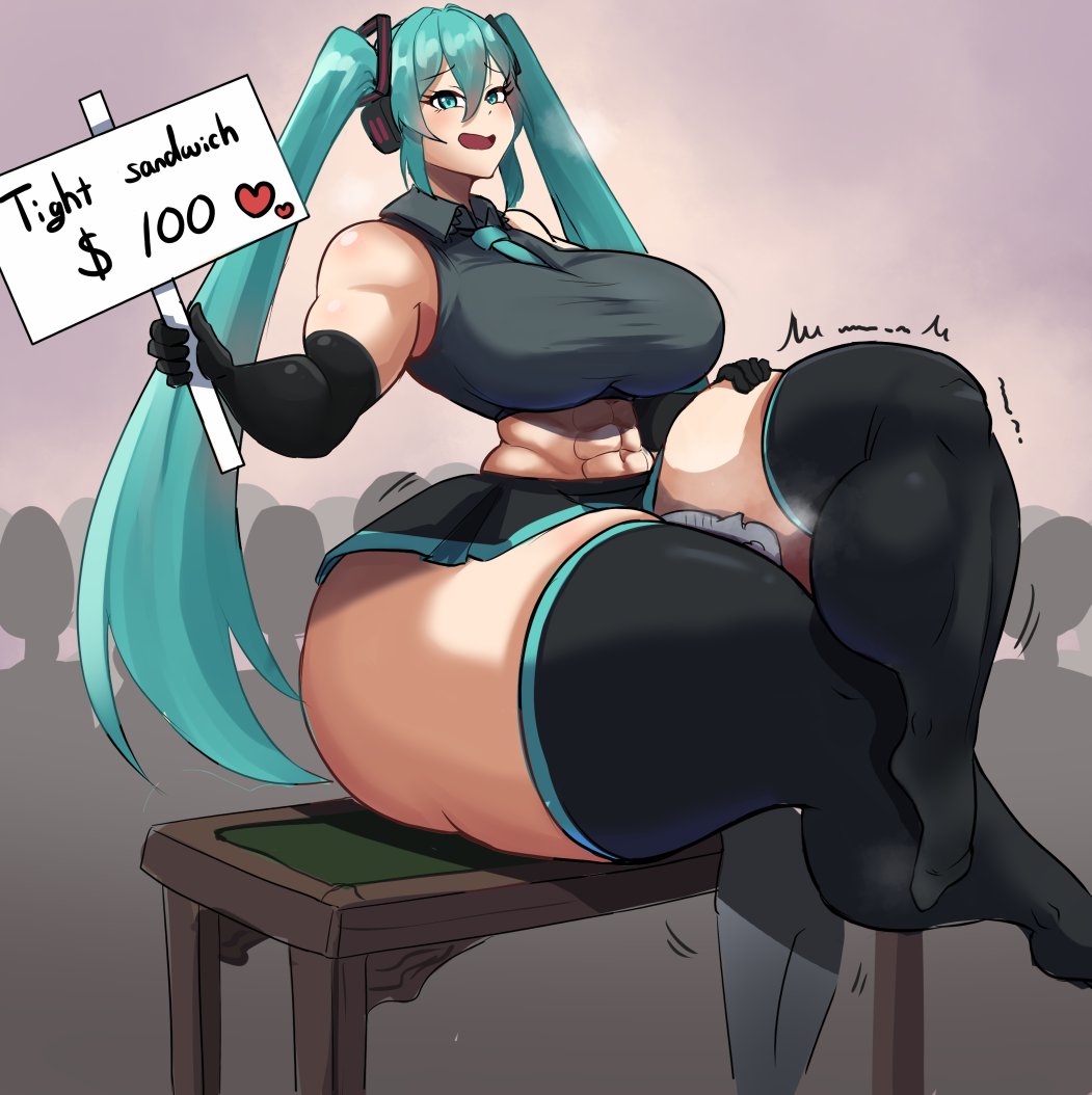 1boy, 1girl, 1girls, abs, anonymous male, aqua eyes, aqua hair, aqua necktie, armedevi13, athletic, athletic female, bigger female, black gloves, blue hair, blue hair female, blush, breasts, choking, elbow gloves, english text, female, female dominating male, female domination, female focus, femdom, gloves, hatsune miku, headphones, hetero, holding, holding sign, huge breasts, huge thighs, large breasts, larger female, light skin, light-skinned female, long hair, male, midriff, muscular, muscular female, navel, necktie, open mouth, scissorhold, shorter male, sign, sitting, sitting on face, sitting on person, skirt, sleeveless, smaller male, thick arms, thick thighs, thighhighs, thighs, toned, toned female, twintails, very long hair, willing, willing sub
