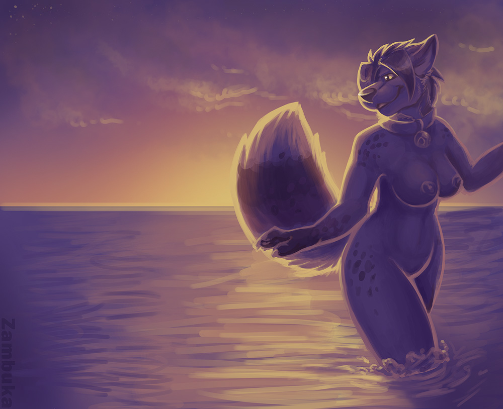 2012 anthro beach bell breasts canine clouds collar female fox fur furry hair lucy_foxx nipples nude seaside sunset wading water zambuka