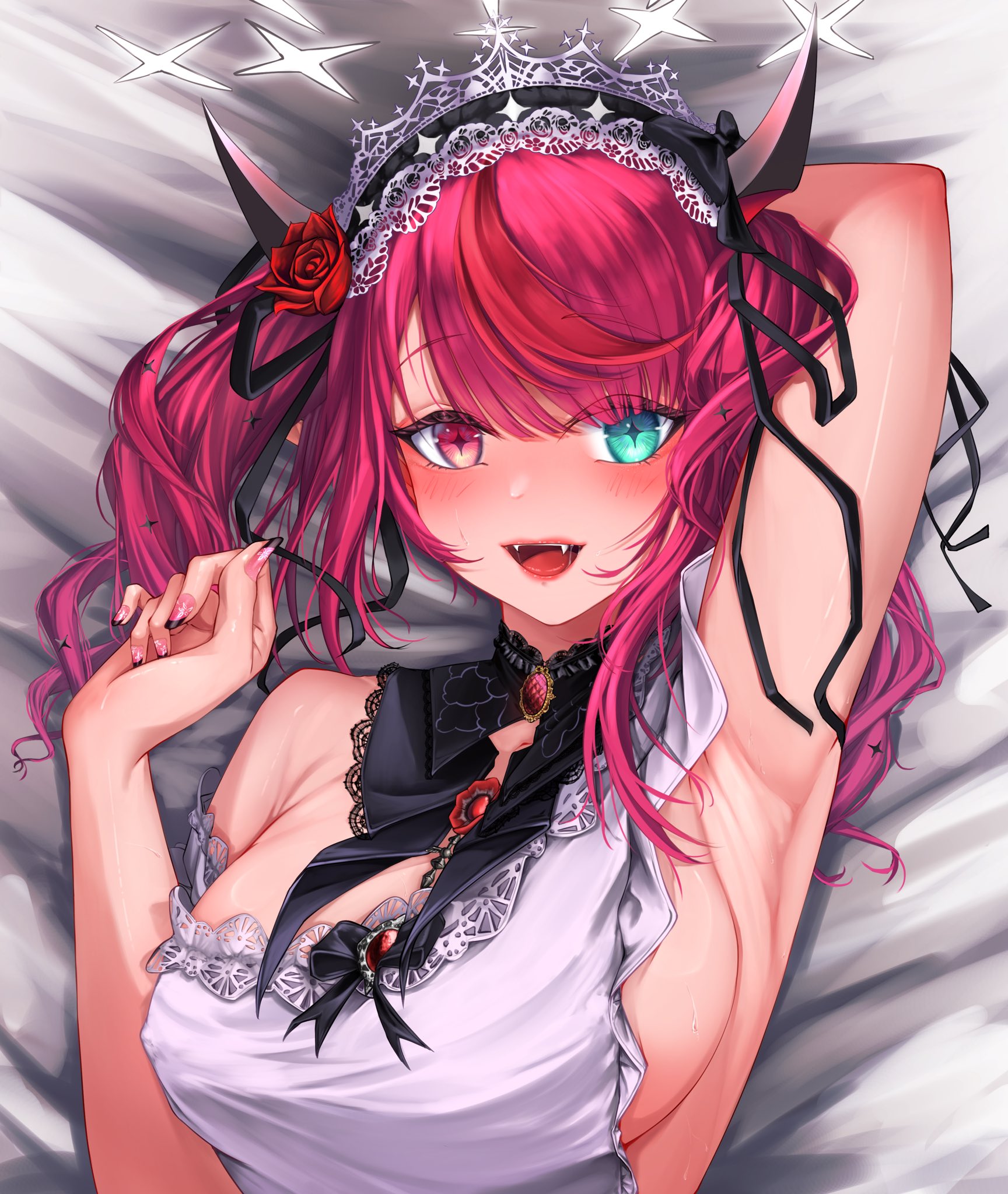 1girls, apron only, armpits, big breasts, blush, breasts, female, female only, heterochromia, hololive, hololive english, hololive english -promise-, horns, irys, irys (hololive), large breasts, lying on bed, nipple bulge, one arm up, pink hair, sweatdrop, tagme, twintails, virtual youtuber