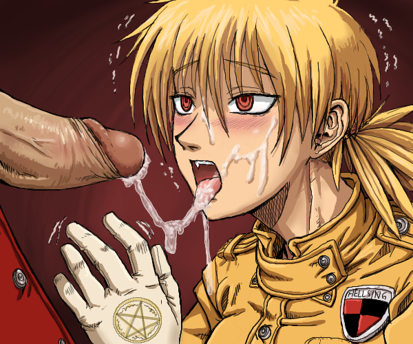 alucard_(hellsing) blonde_hair blush climax clothed_sex cum cum_in_mouth cum_trail cumshot cute_fang ejaculation fellatio female gloves hellsing hellsing_ultimate huge_cock long_hair oral orgasm penis pentagram red_eyes seras_victoria spidu tongue trembling uncensored uniform vampire vampire_girl