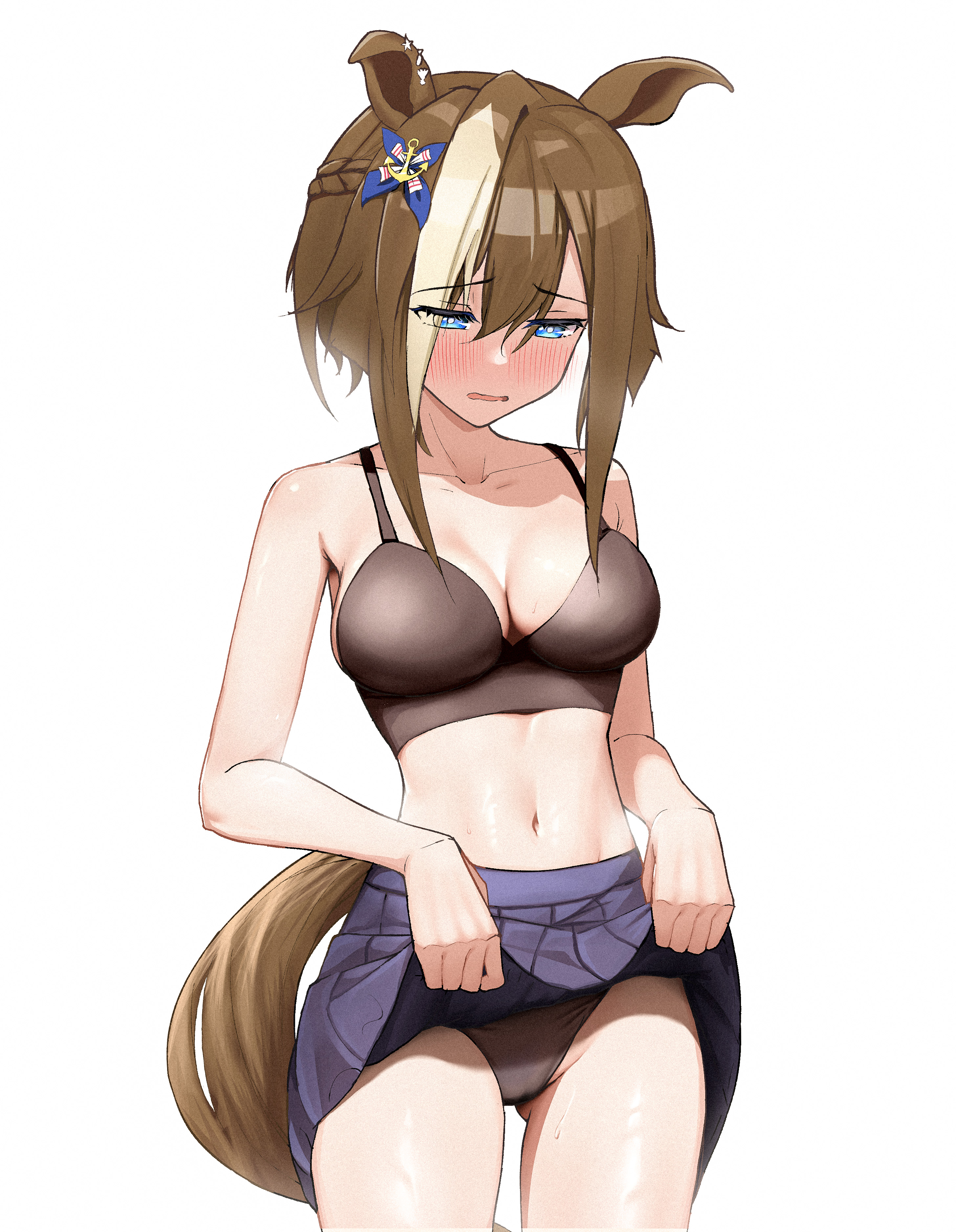 blue eyes, blush, bra, brown hair, cheval grand (umamusume), embarrassed, hairpin, panties, skirt, skirt lift, sweat, umamusume, umamusume pretty derby
