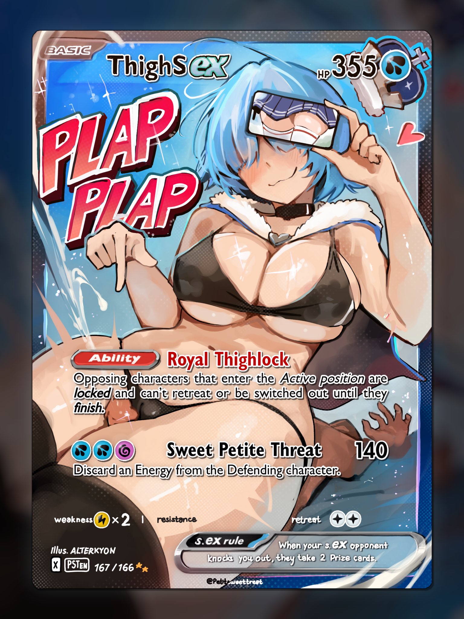 :3, 1boy, 1girls, alterkyon, bangs, bangs over eyes, based on a real person, bikini, blue hair, blush, card, covering eyes, cumming, fanart, female, female focus, female on top, hair over eyes, large breasts, phone in hand, phone screen, swimsuit, thick thighs, thigh job, thigh sex, thighhighs, thighs