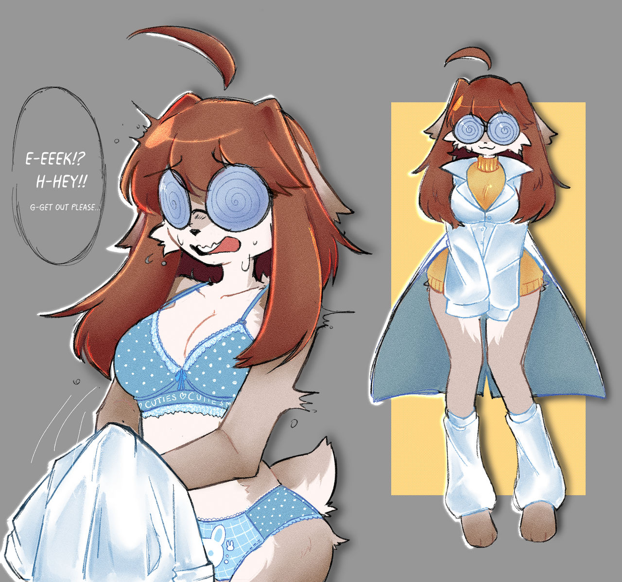 :3, @ @, 1girls, 2025, ahoge, anthro, astral-stardust, blue bra, blue panties, bra, brown hair, bunny girl, cute, embarrassed, english text, female, furry, glasses, labcoat, loose socks, nerd, nerdy female, no pants, original, panties, polka dot, polka dot bra, polka dot panties, print bra, print panties, sweat, sweatdrop, sweater, swirly glasses, tagme, text, thighs, undressing, wavy mouth