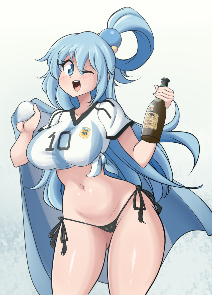 2022, 2022 fifa world cup, absurdres, alcohol, aqua (konosuba), argentina, argentinian flag, argentinian flag print, ball, bikini, bikini under clothes, blue eyes, blue hair, blush, bottle, breasts, cameltoe, cheering, crying, curvy, female, flag, flag print, hair ornament, hair ribbon, happy, highres, holding, holding bottle, holding flag, kono subarashii sekai ni shukufuku wo!, large breasts, long hair, lucyfer, lucyfercomic, multicolored hair, nail polish, navel, one eye closed, open mouth, ponytail, ribbon, shirt, side-tie bikini bottom, smile, soccer, soccer uniform, solo, split-color hair, sportswear, swimsuit, thick thighs, thighs, thong, thong bikini, very long hair, white background, wide hips, wink, world cup