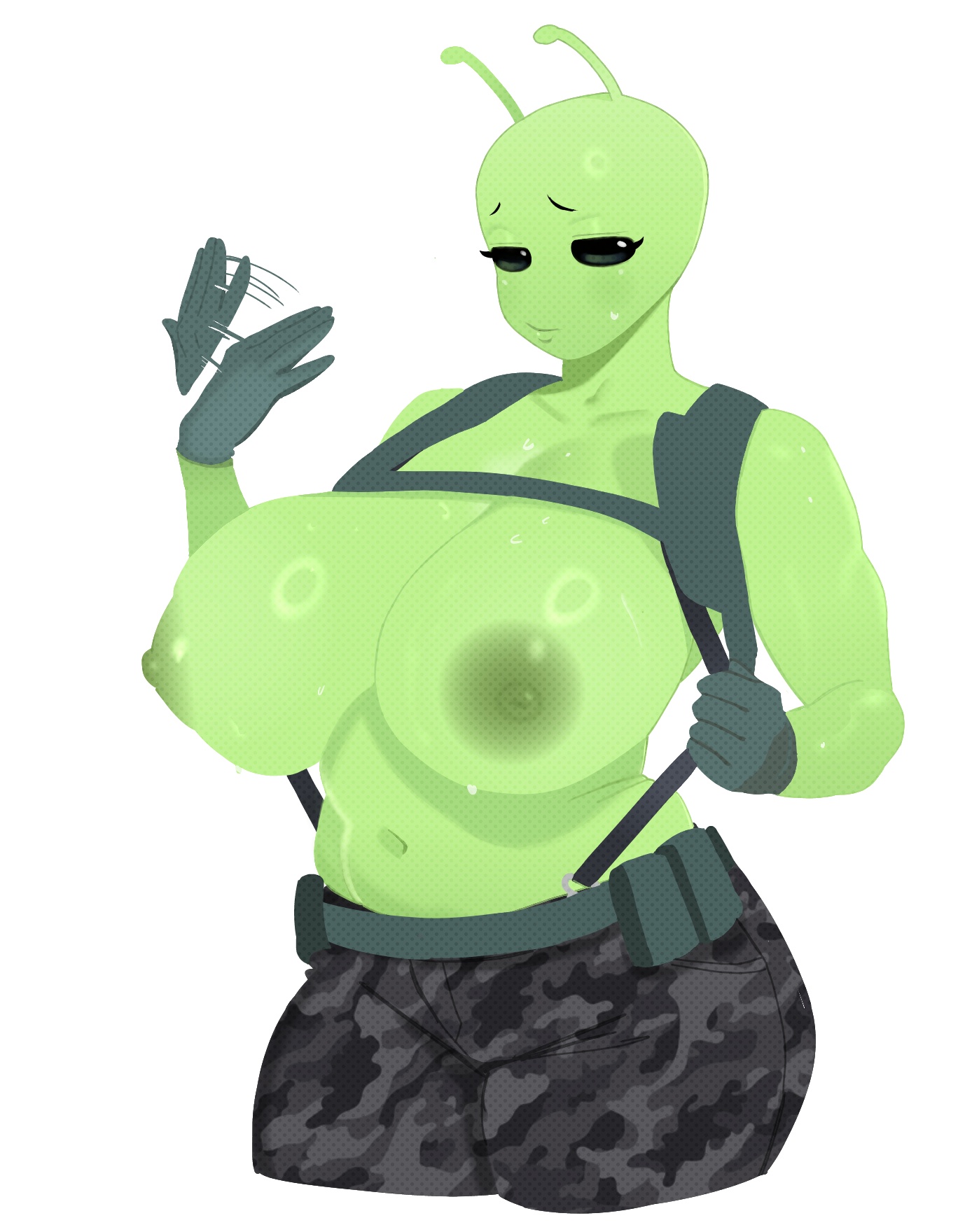 1girls, alien, alien girl, big breasts, breasts, chubby, chubby female, female, green body, green skin, jxzuke, nina (just brandfinn), oc, original character, sweat, tactical gear, tactical nudity, topless