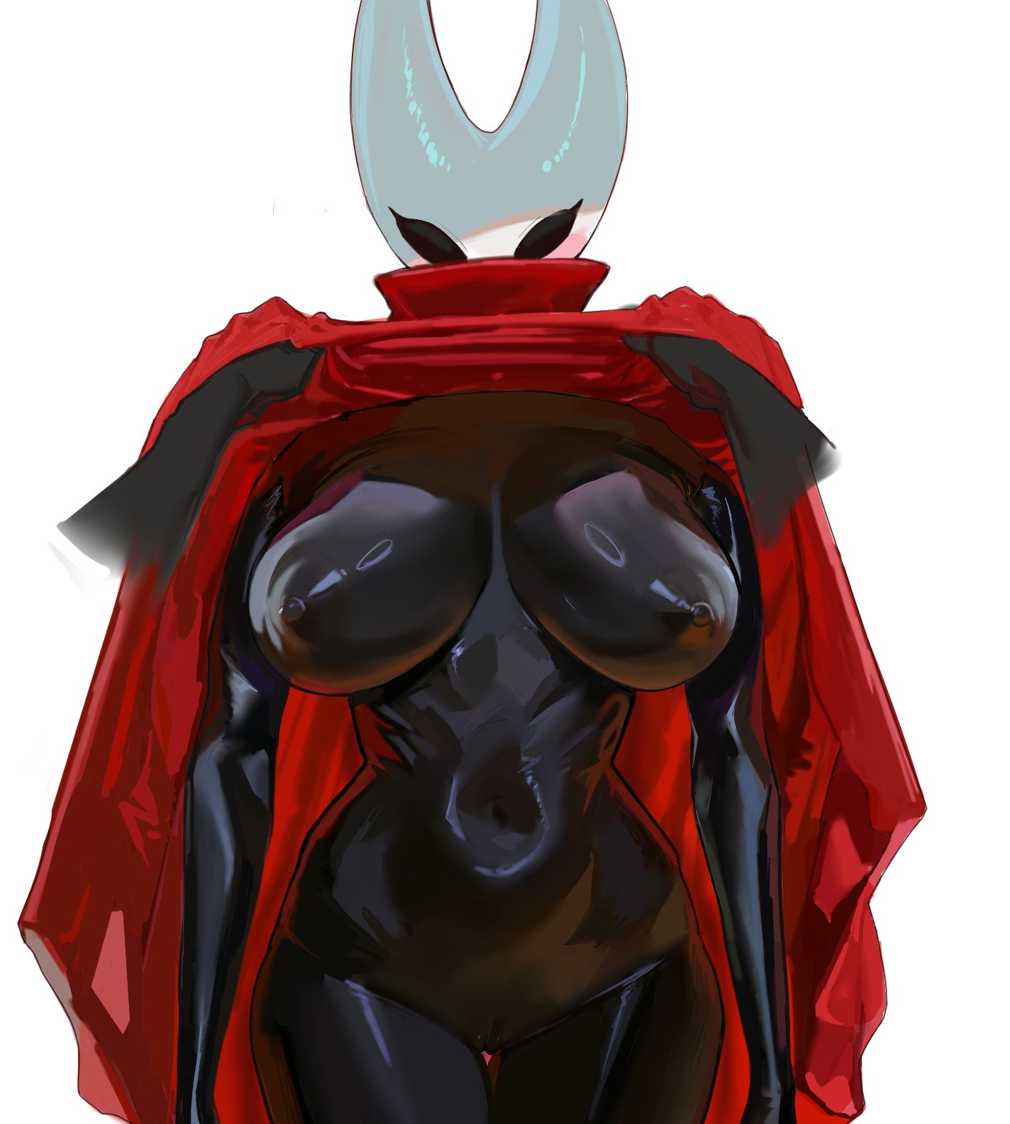 1girls, assisted exposure, big breasts, black bodysuit, black skin, bodysuit, breasts, cameltoe, cloak, cloak lift, colored skin, commentary, covered erect nipples, exposed breasts, female, highres, hintobento, hollow eyes, hollow knight, hollow knight: silksong, horned mask, hornet (hollow knight), lifting clothing, lifting own clothes, lifting skirt, looking at viewer, mask, navel, nude, red cloak, shiny breasts, shiny skin, silksong, simple background, skin tight, solo, white background, white mask