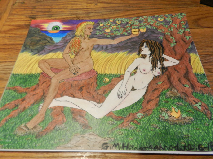 2girls aphrodite_(greek_mythology) apple areolae blonde_hair breasts brown_hair brown_pubic_hair eris_(greek_mythology) female female_focus female_only gold_apple greek_mythology long_hair looking_at_partner multiple_girls mythology nipples nude nude_female outdoors pubic_hair