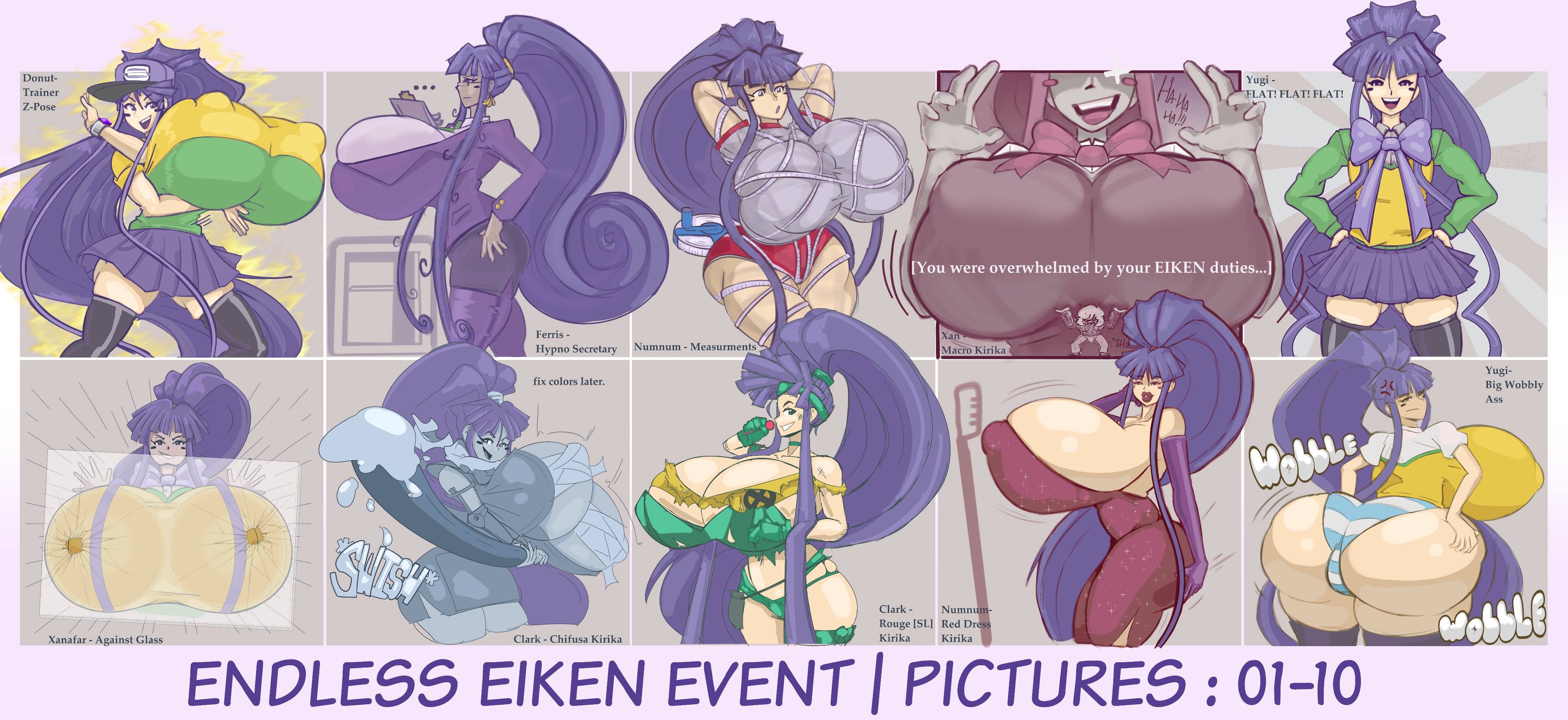 1girls, 2025, 2d, 2d (artwork), 2d artwork, against glass, alternate breast size (smaller), barely contained, barely contained breasts, big breasts, big hair, breast focus, breasts, broken glass, business suit, business woman, cosplay, doodlewill, eiken, erect nipples, erect nipples under clothes, female, female only, giant breasts, gigantic breasts, grin, grinning, grinning at viewer, huge ass, jessica rabbit (cosplay), kirika misono, light skin, light-skinned female, long hair, looking at viewer, looking pleasured, manyuu chifusa (cosplay), manyuu hikenchou, marvel, marvel rivals, pleated skirt, pony tail, ponytail female, purple eyes, purple hair, purple skirt, rogue (savage land) (cosplay), rogue (x-men) (cosplay), shiny breasts, shiny clothes, shiny skin, smile, smiling, smiling at viewer, solo, tape measure, text, torn clothes, wide hips
