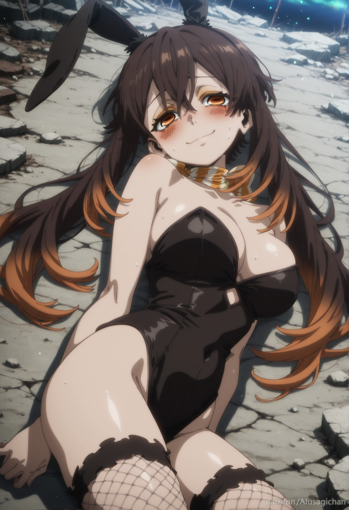 1girls, ai generated, amo empool, big ass, big breasts, bunny ears, bunny girl, bunnysuit, gachiakuta, looking at viewer, lying, lying on back, lying on floor, solo, solo female