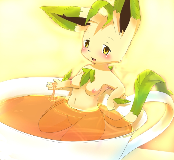 bath breasts eeveelution female female_only generation_4_pokemon ka_(pixiv341010) leafeon nintendo pokemon pokemon_(species) pokemon_dppt pokemon_only pussy solo straight_hair teacup