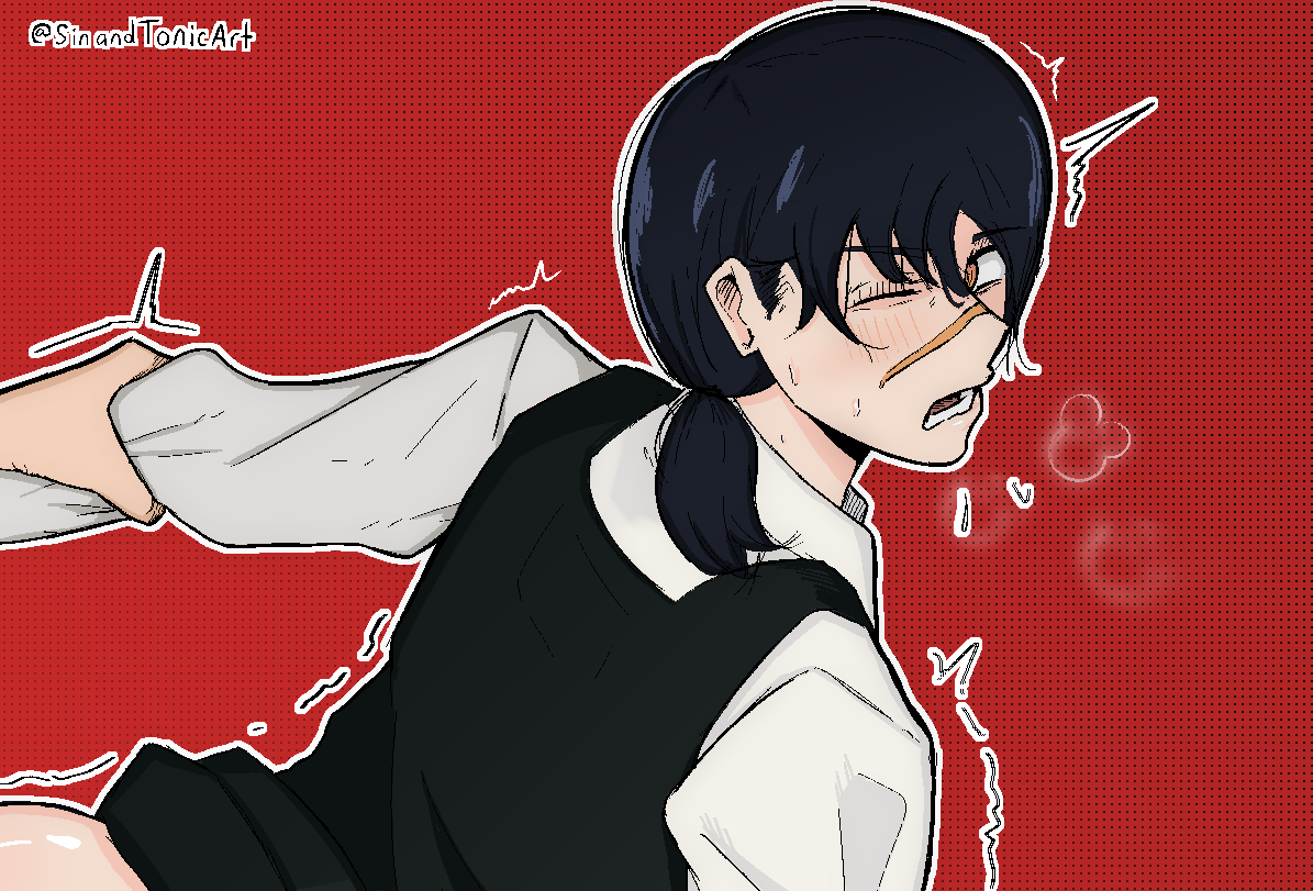 1boy, 1girls, arm grab, blush, chainsaw man, doggy style, female, fucked from behind, grabbing, grabbing from behind, heavy breathing, implied penetration, implied sex, looking back, looking pleasured, male, mitaka asa, sex, sinandtonic (artist), sweat, yoru (chainsaw man)