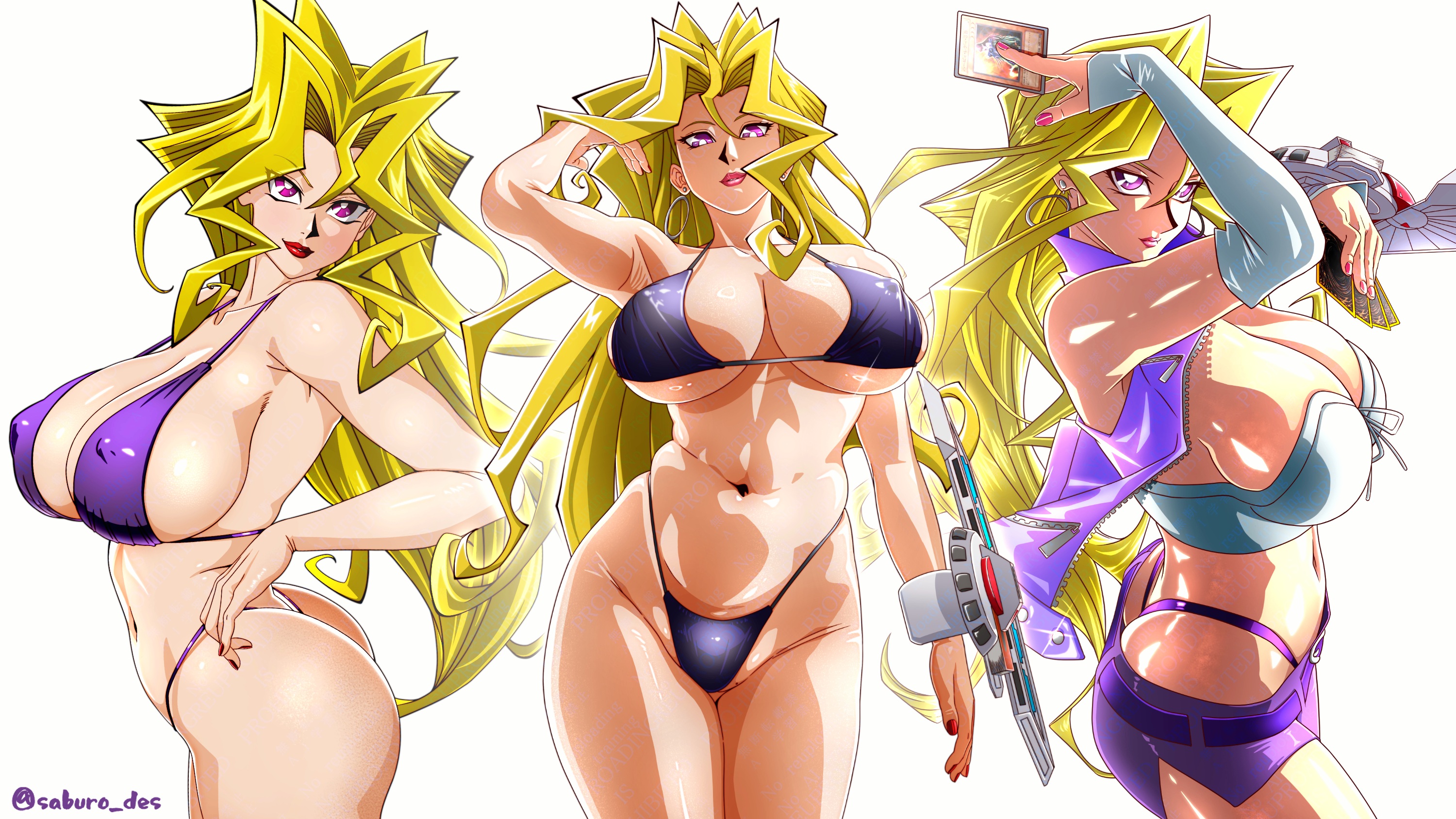 1girls, armwear, ass, belt, big breasts, bikini, bikini bottom, bikini top, black bikini, blonde hair, bottomwear, breasts, card, cleavage, clothing, ear piercing, earrings, female, female only, fingerless gloves, gloves, hair, hand behind head, hips, holding card, hoop earrings, huge breasts, lips, long hair, mai valentine, multiple views, nail polish, nails, nipple bulge, pencil skirt, pink nail polish, pink nails, purple bikini, purple eyes, purple nail polish, purple nails, purple thong, red nail polish, red nails, saburo des, side view, sideboob, skirt, solo, solo female, swimwear, thong, topwear, white gloves, yu-gi-oh!, yu-gi-oh! duel monsters