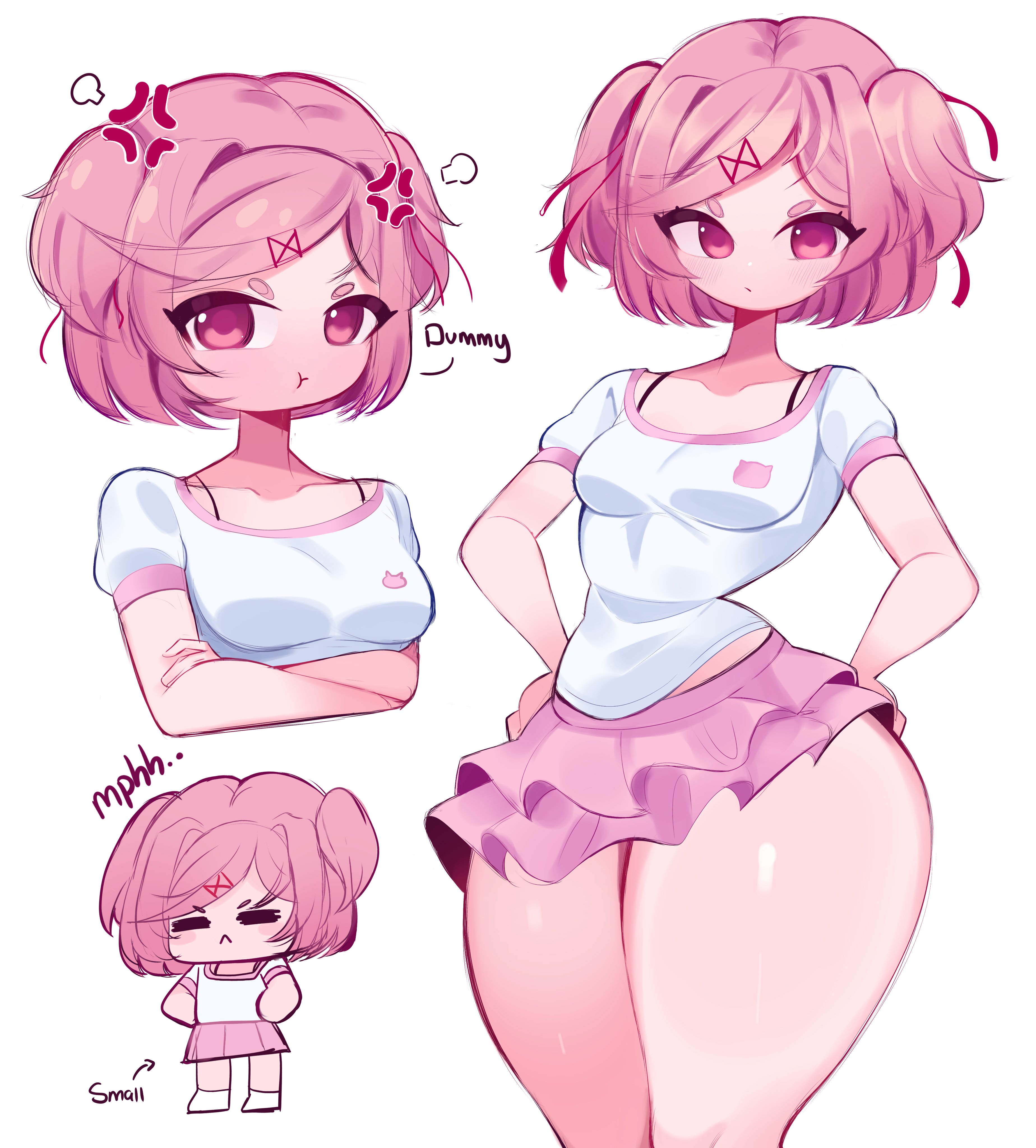 1girls, 2d, 2d (artwork), angry vein, annoyed, annoyed expression, big thighs, bottom heavy, bra, bra strap, breasts, casual clothes, chibi, chibi inset, clothed, clothed female, clothing, curvaceous, curvy, curvy female, curvy figure, doki doki literature club, fat thighs, female, female only, fully clothed, hair ornament, hair ribbon, hands on hips, hourglass figure, huge thighs, ineffective skirt, large thighs, massive thighs, medium breasts, microskirt, miniskirt, natsuki (doki doki literature club), pear shaped, pear shaped female, pink eyes, pink hair, plump, plump thighs, pout, pouting, reinsleif, rox hoxten, shiny skin, shirt, short hair, simple background, skirt, slim waist, solo, solo female, thick thighs, thighs, thighs bigger than head, thighs bigger than torso, tsundere, twintails, voluptuous, voluptuous female, white background, wide hips