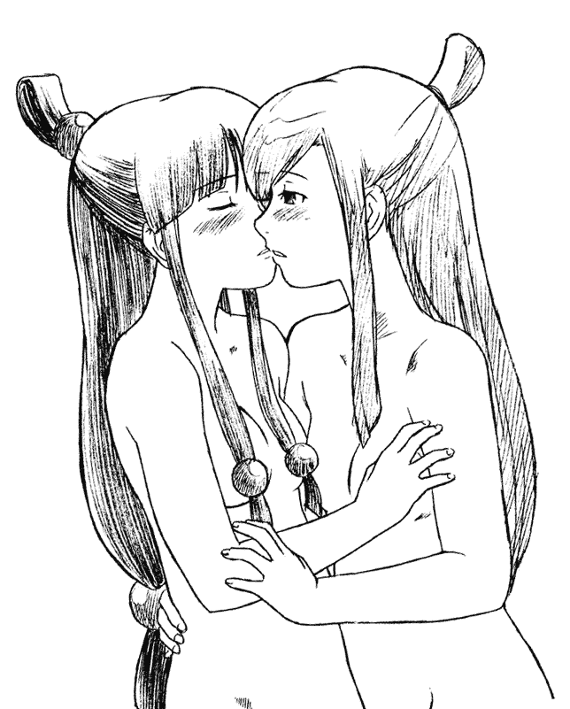 2girls black_and_white blush breasts closed_eyes ema_skye female female_only gyakuten_saiban hair kissing long_hair maya_fey monochrome multiple_girls nude simple_background straight_hair yuri