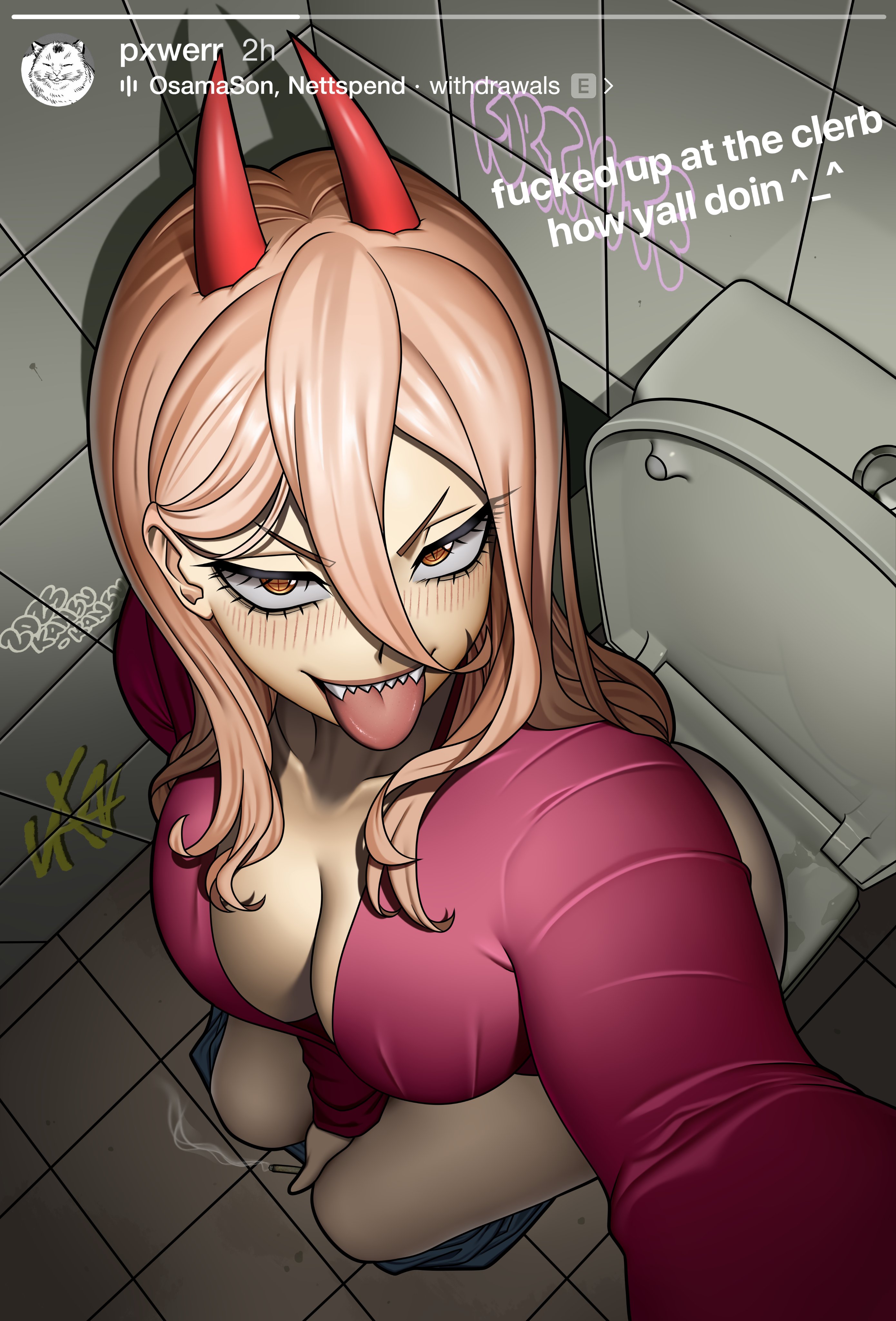 1girls, ass, between legs, blush, breasts, chainsaw man, cigarette, cleavage, english text, female, hand between legs, hand between own legs, instagram, instagram story, jeans, kansu-kansu, large breasts, looking at viewer, pants, pants pull, power (chainsaw man), restroom stall, selfie, sitting, sitting on toilet, solo, solo female, solo focus, text, toilet, toilet stall, tongue, tongue out