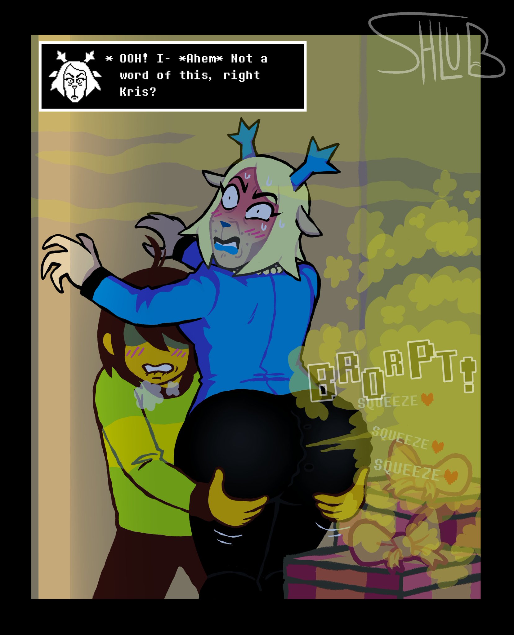 1girls, 1nonbinary, accidental fart, androgynous, annoyed, big ass, blue eyes, bubble butt, carol holiday, closet, deer, deer girl, deltarune, embarrassed female, fart, fart cloud, fart fetish, farting, fat ass, female, fondling, fondling ass, groping, groping ass, kris (deltarune), pornshlub, squeezing, squeezing ass, squeezing butt, toby fox