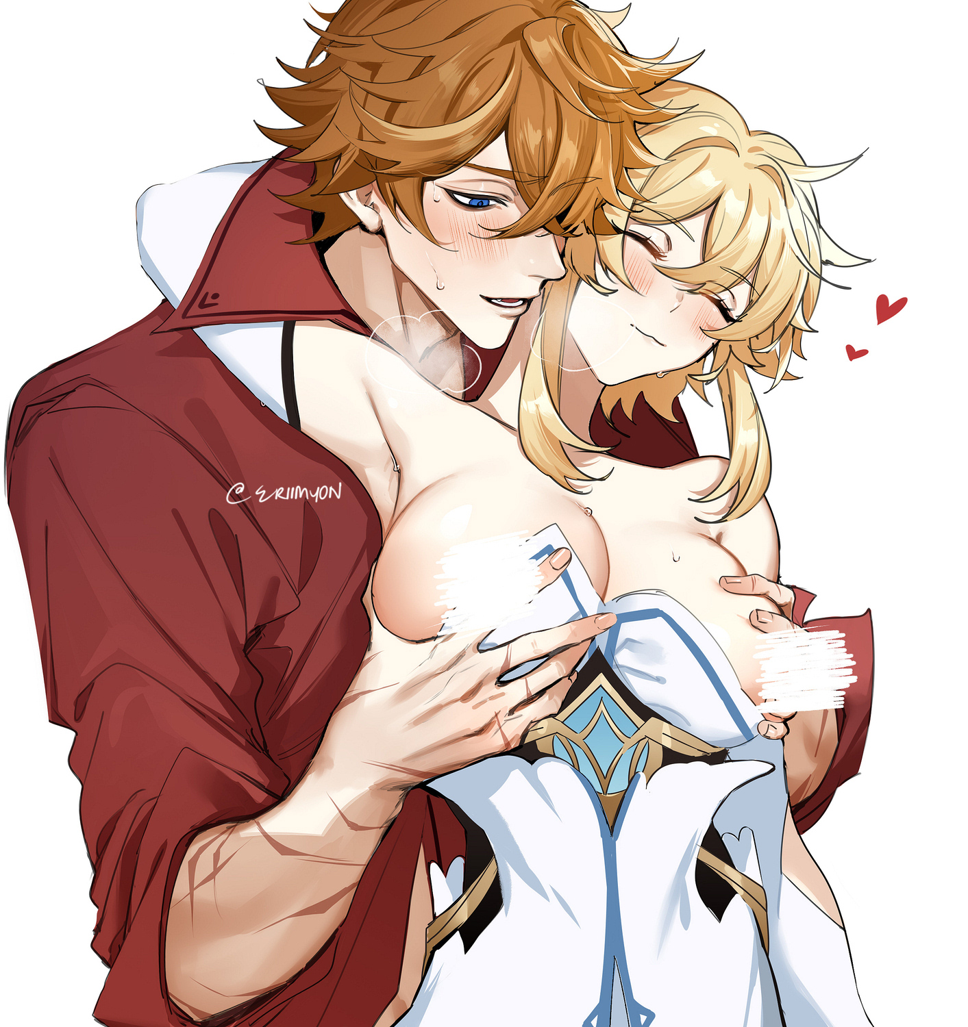 1boy, 1girl, 1girls, big breasts, blonde female, blonde hair, blue eyes, blush, blush lines, breast grab, breast squeeze, breasts, breasts out, childe (genshin impact), eriimyon, female, genshin impact, ginger, grabbing from behind, grope, groping, groping breasts, groping from behind, heart, hoyoverse, light skin, light-skinned female, light-skinned male, looking at breasts, lumine (genshin impact), male, male/female, mihoyo, scar, scar on arm, straight, tartaglia (genshin impact), visible breath