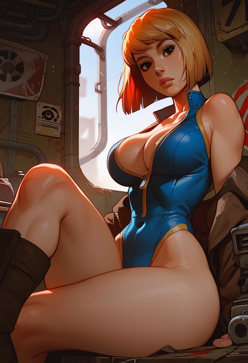 ai generated, big breasts, blonde hair, bob cut, breasts, cleavage, fallout, female, legs crossed, leotard aside, rubble, sitting, thighs, troythekid, vault dweller, vault girl, vault meat, zipper
