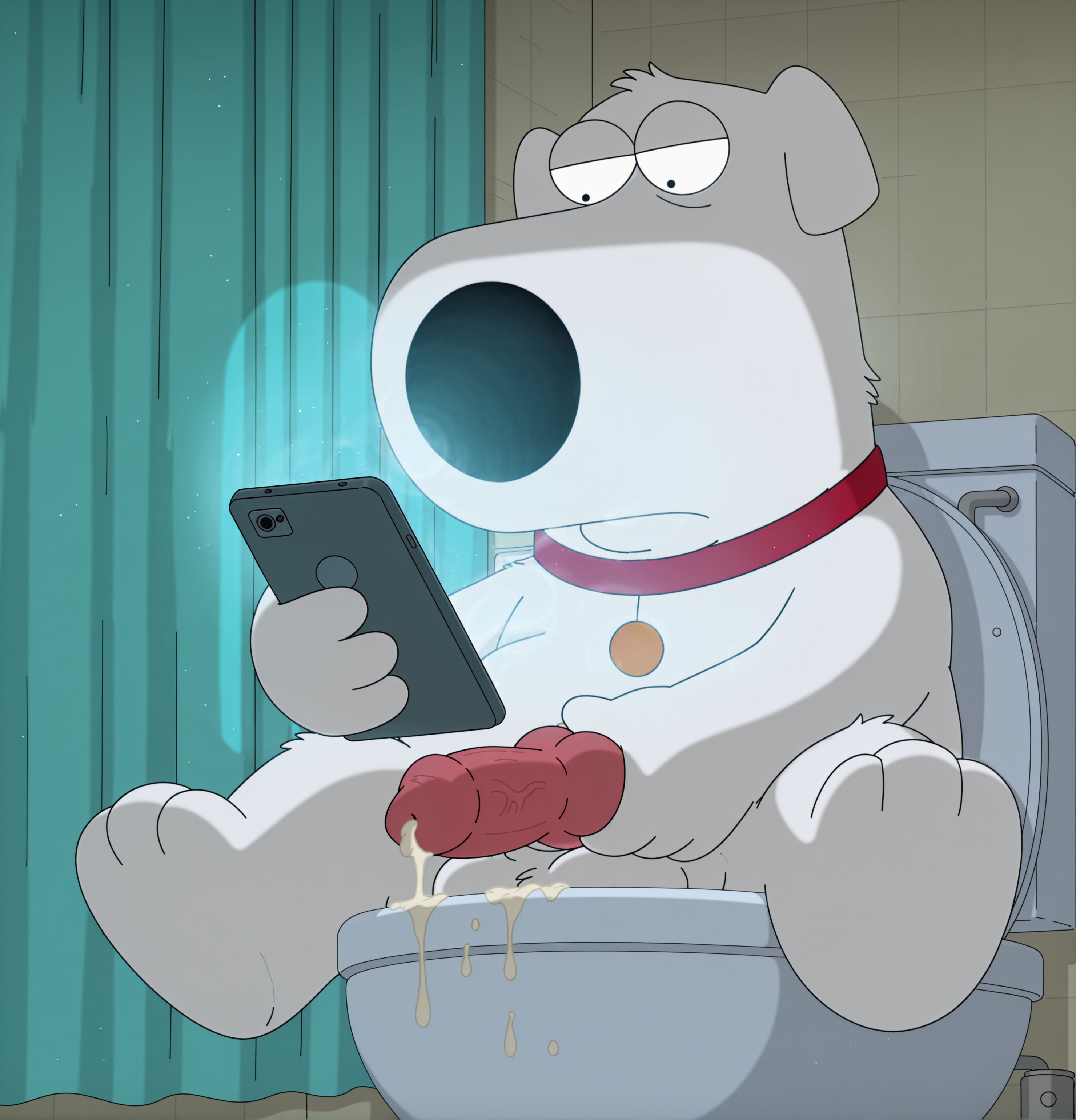 after masturbation, ai generated, anthro, balls, brian griffin, canid, canine, canine penis, canis, collar, cum, domestic dog, family guy, gay, knot, male, masturbating, masturbation, penis, phone, post nut clarity, sitting, solo, stable diffusion, trueliamay